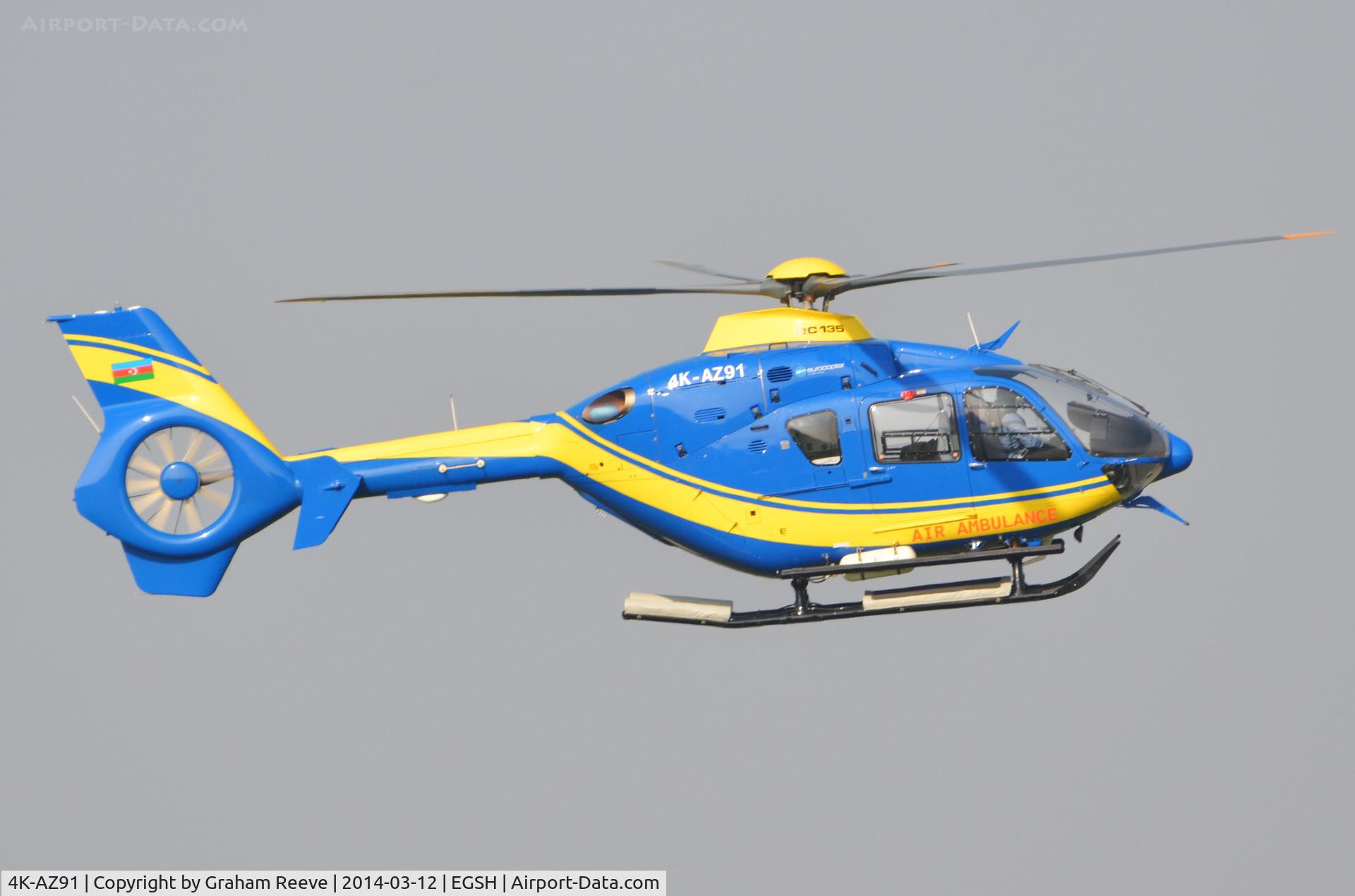4K-AZ91, 2011 Eurocopter EC-135T-2+ C/N 1010, About to land at Norwich.