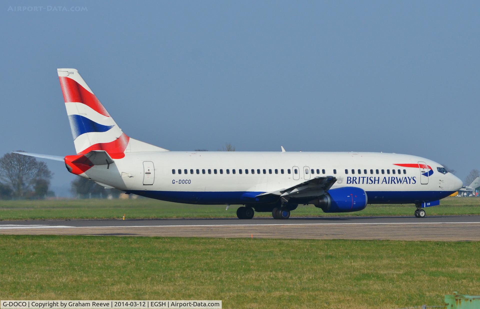 G-DOCO, 1992 Boeing 737-436 C/N 25849, Departing from Norwich.