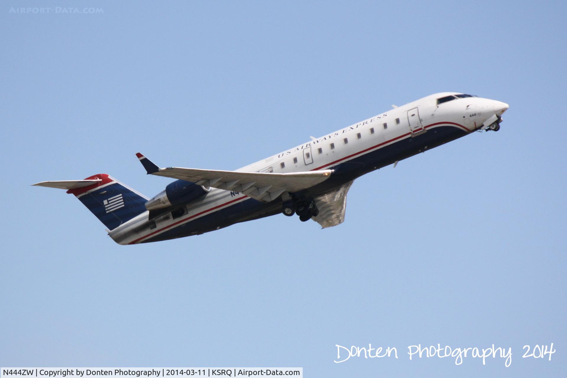 N444ZW, 2003 Canadair CRJ-200LR (CL-600-2B19) C/N 7788, US Air Flight 4078 oeprated by Air Wisconsin (N444ZW) departs Sarasota-Bradenton International Airport enroute to Reagan National Airport