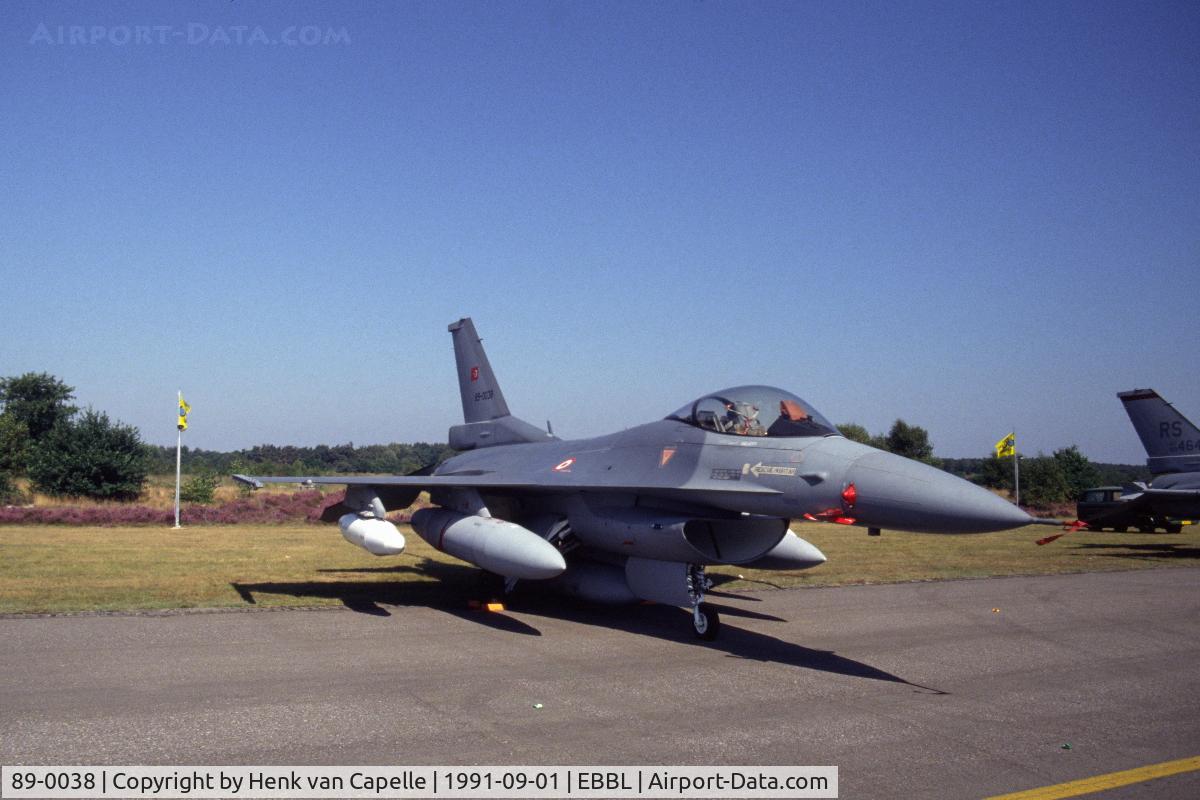 89-0038, 1989 General Dynamics F-16C Fighting Falcon C/N 4R-56, Turkish Air Force F-16C on display at Kleine Brogel Air Base, Belgium.