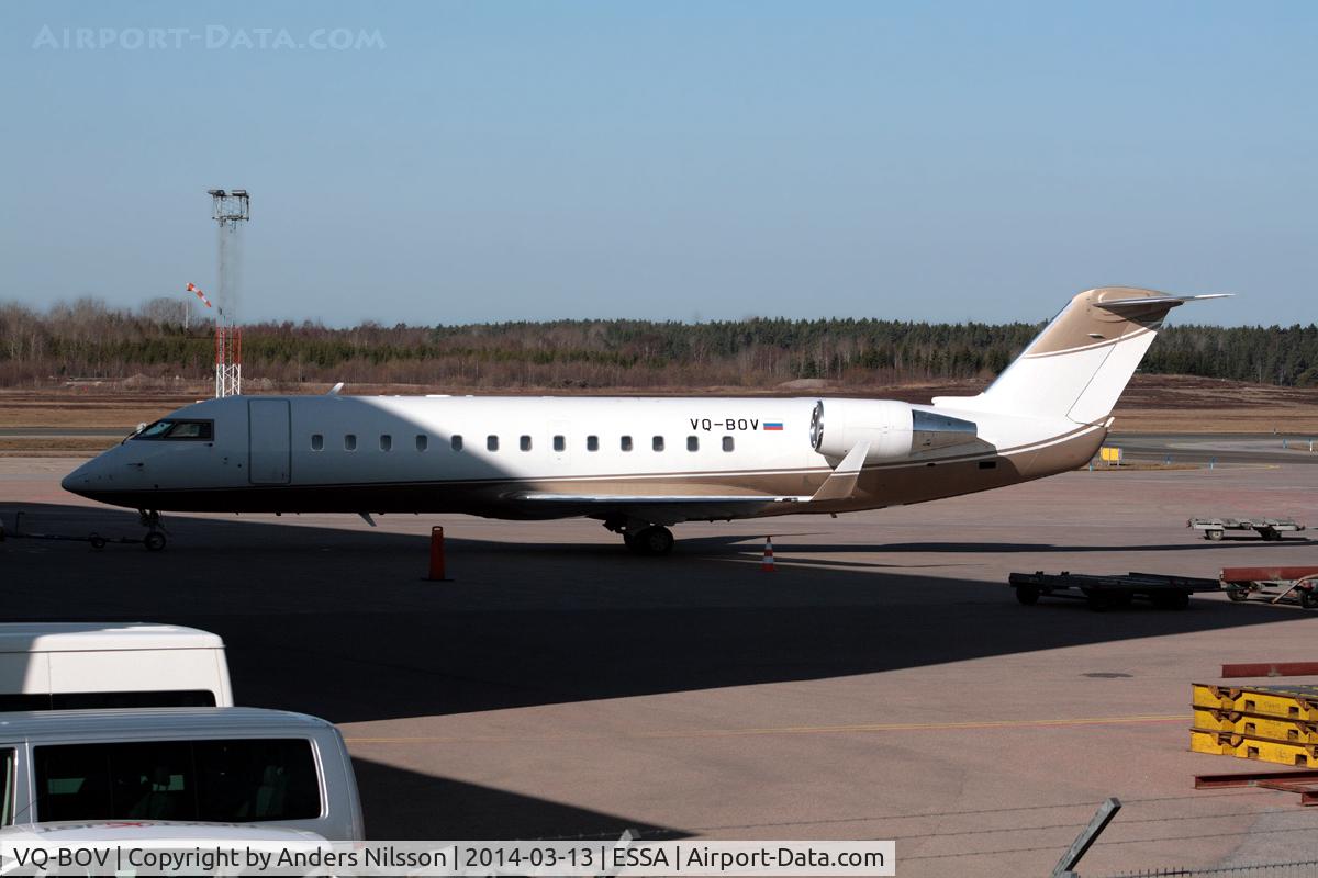VQ-BOV, 2008 Bombardier Challenger 850 (CL-600-2B19) C/N 8092, Being towed in to hangar.