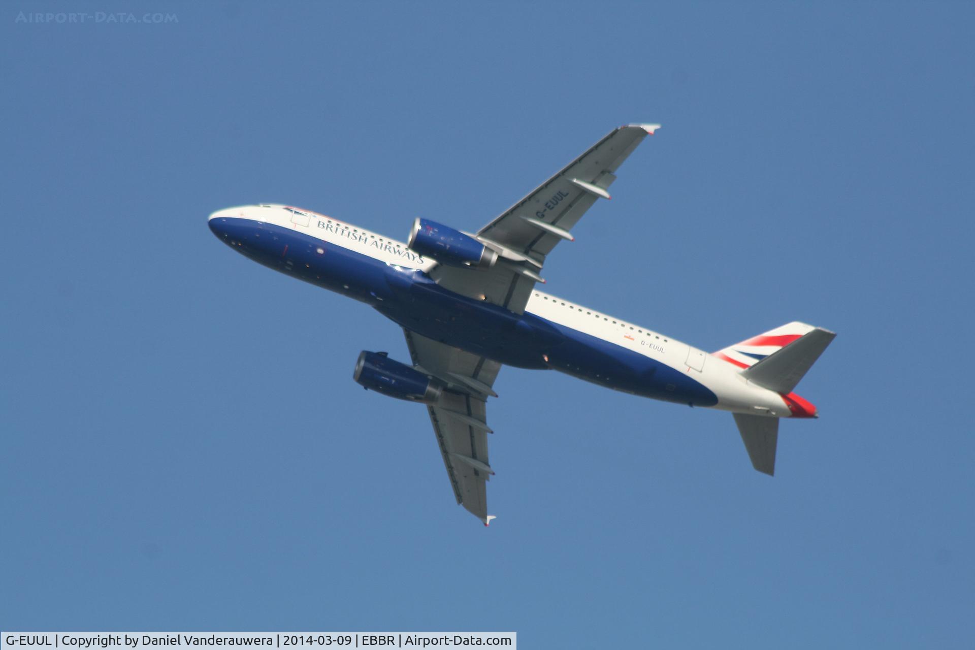 G-EUUL, 2002 Airbus A320-232 C/N 1708, Flight BA393 is climbing from RWY 25R