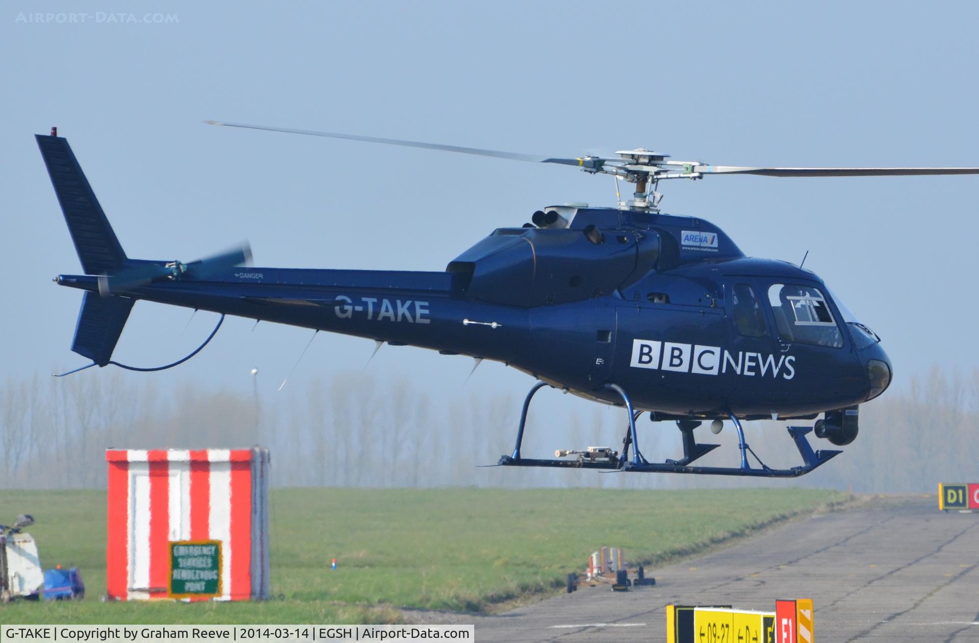 G-TAKE, 1981 Aerospatiale AS-355F-1 Ecureuil 2 C/N 5088, Departing from Norwich.