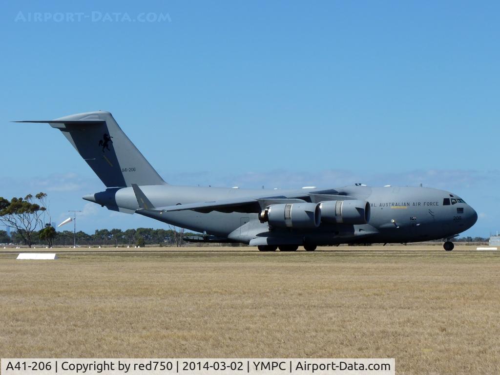 A41-206, 2007 Boeing C-17A Globemaster III C/N F-166/AUS-1, Globemaster reversing down runway after landing at Pt Cook