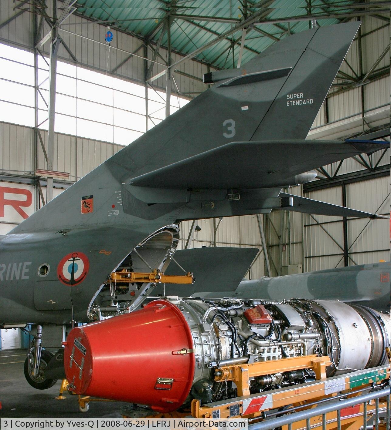 3, Dassault Super Etendard C/N 3, French Navy Dassault Super Etendard M (SEM), Landivisiau Naval Air Base (LFRJ) Open day Tiger Meet 2008. In foreground, Snecma Atar 8k-50 engine