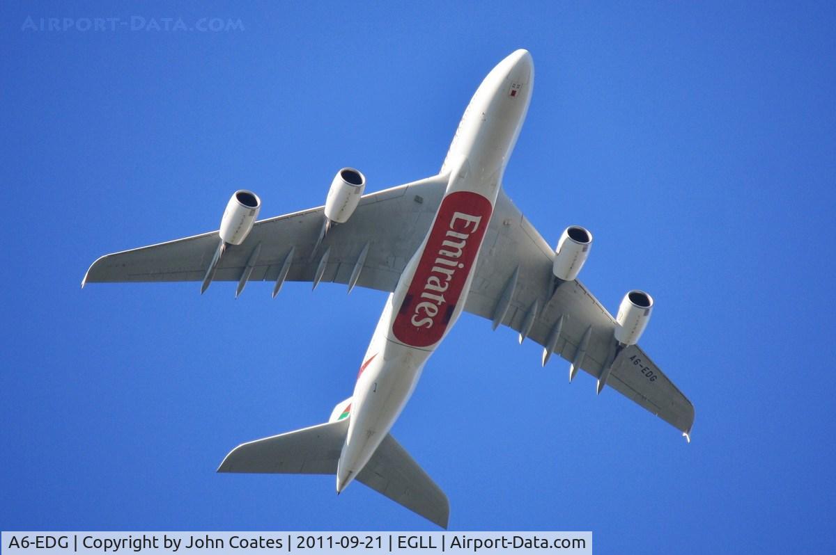 A6-EDG, 2009 Airbus A380-861 C/N 023, Climbing from Heathrow over Chertsey