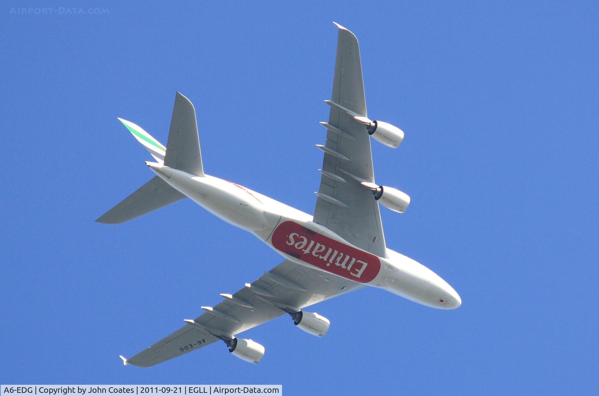 A6-EDG, 2009 Airbus A380-861 C/N 023, Climbing out of Heathrow over Chertsey