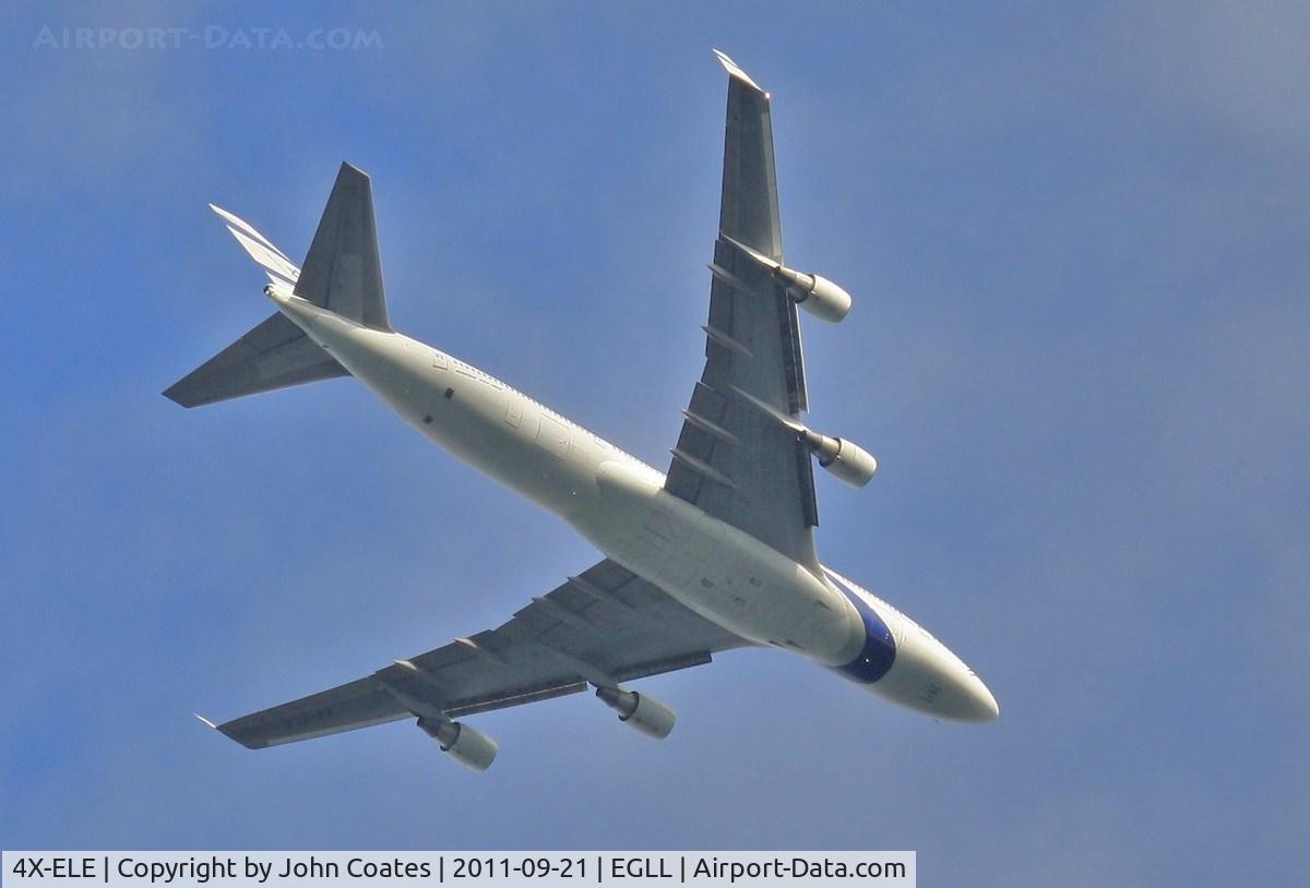 4X-ELE, 1994 Boeing 747-412 C/N 26551, Climbing from Heathrow over Chertsey