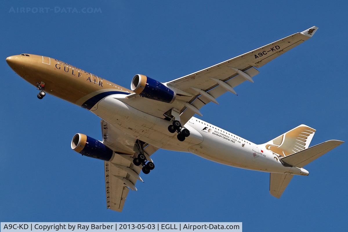A9C-KD, 1999 Airbus A330-243 C/N 287, A9C-KD   Airbus A330-243 [287] (Gulf Air) Home~G 03/05/2013. On approach 27R . Wearing 2013 Grand Prix titles.