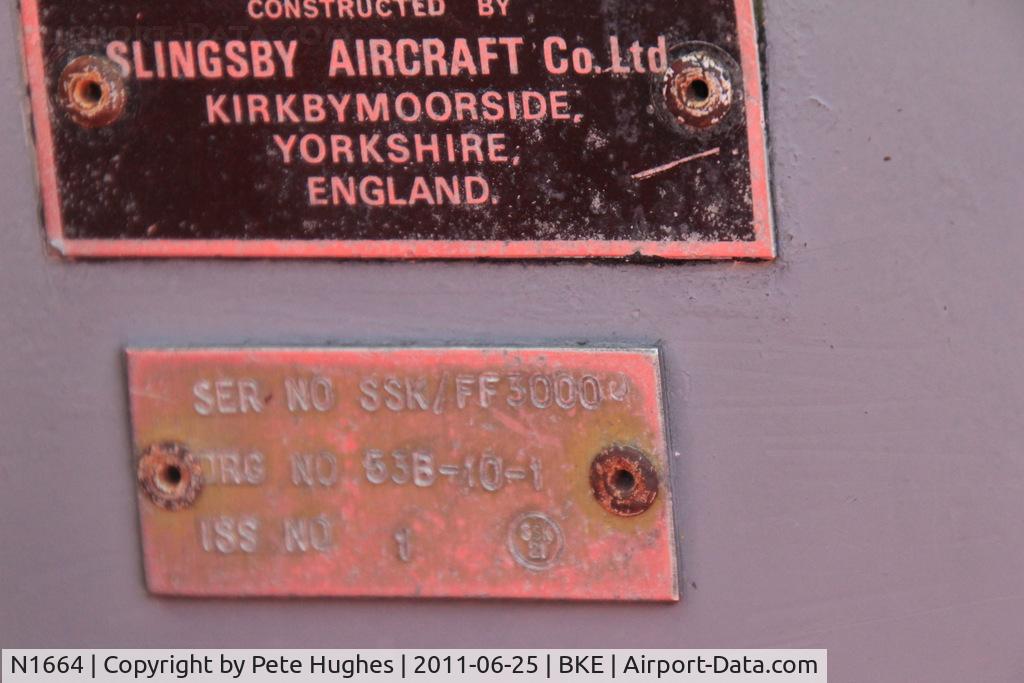 N1664, 1968 Slingsby T-53B C/N 1688, N1664 Slingsby T53 glider at Baker City, OR - a very rare beast!
Manufacturer's plates