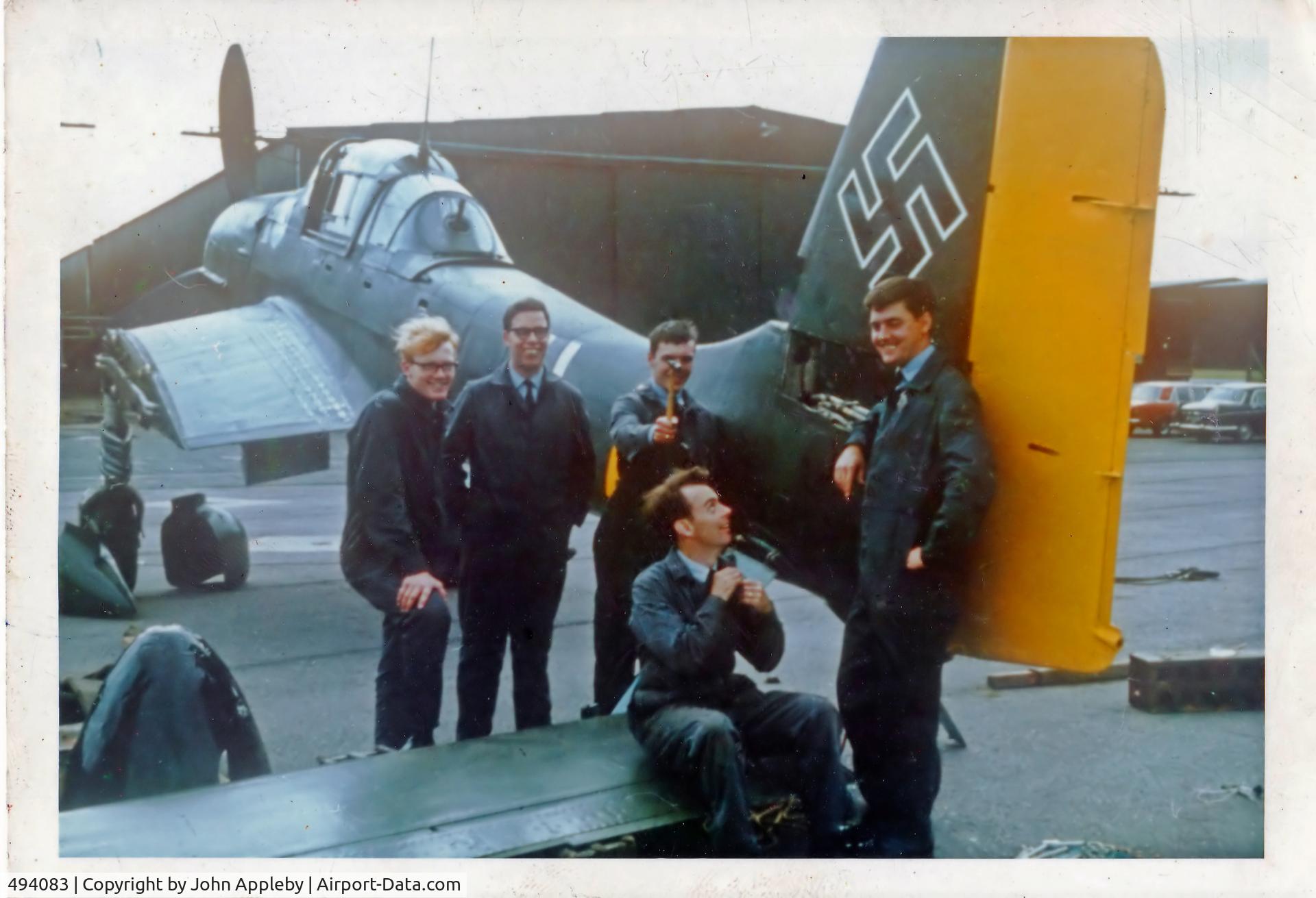 494083, 1941 Junkers Ju-87D Stuka C/N Not found 494083, Taken at RAF St. Athans Wales in 1970 after the aircraft was returned from Battle of Britain film company. We were tasked to re-build her which without any maintenance manuals. Cockpit still had chalked instructions for running engine on instrument panel.