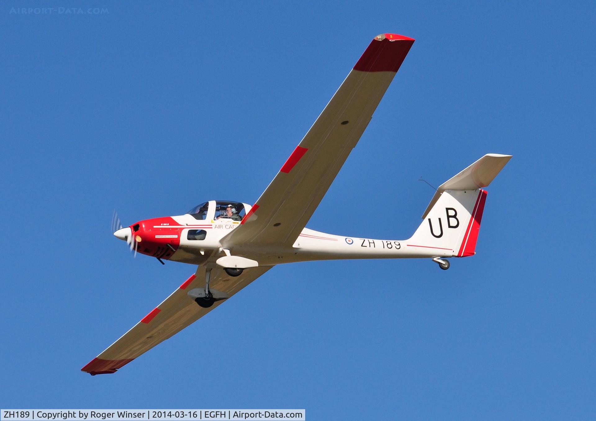 ZH189, Grob G-109B Vigilant T1 C/N 6538, Vigilant motor glider coded UB of 636 VGS on finals to Runway 28.