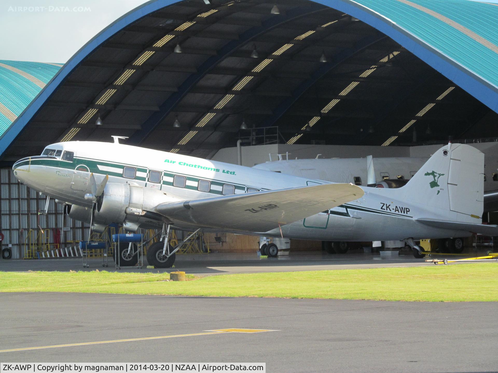 ZK-AWP, 1945 Douglas DC-3 (C-47B-30-DK) C/N 33135, Out of hangar at last - nearly