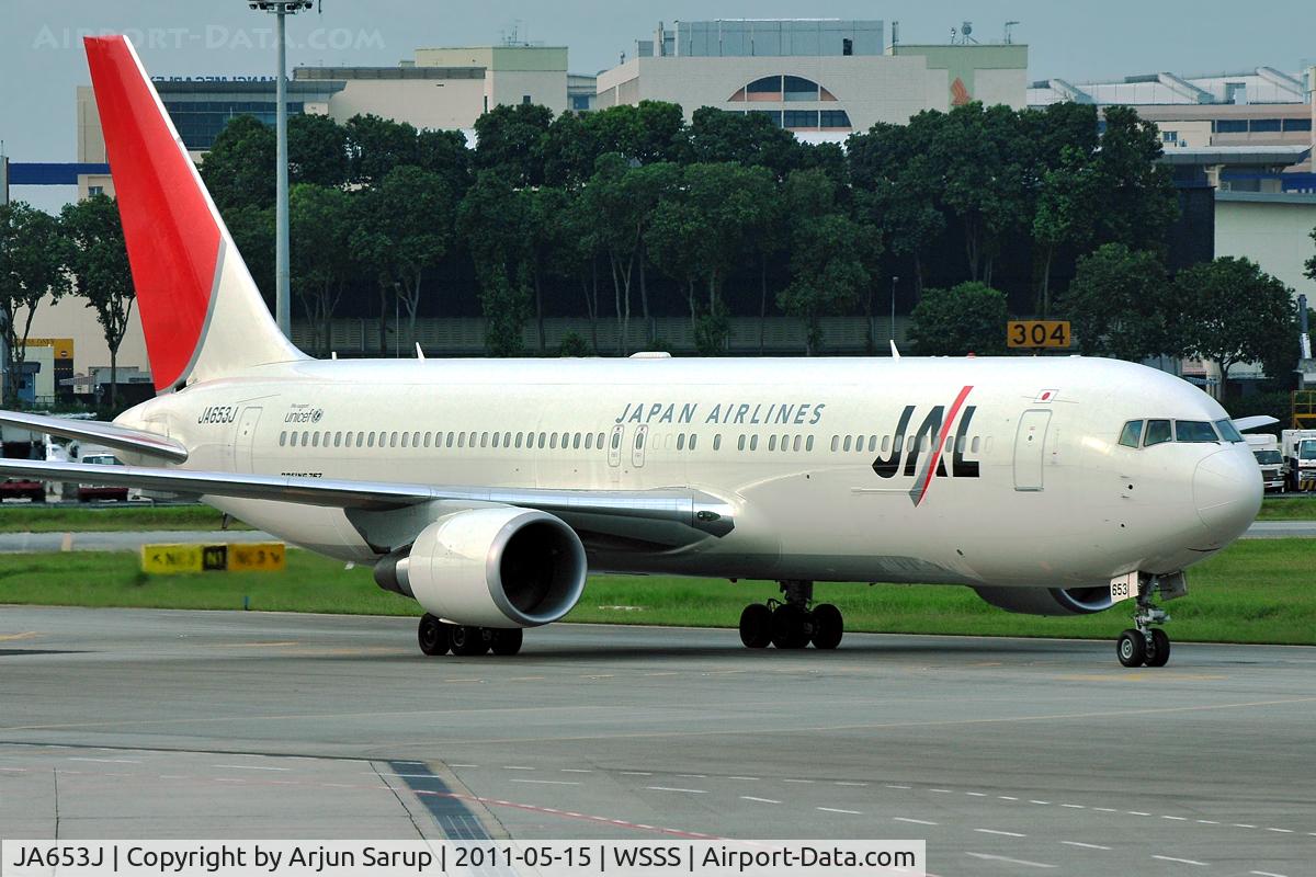 JA653J, 2010 Boeing 767-346/ER C/N 40365, Taxiing in to Changi Airport.