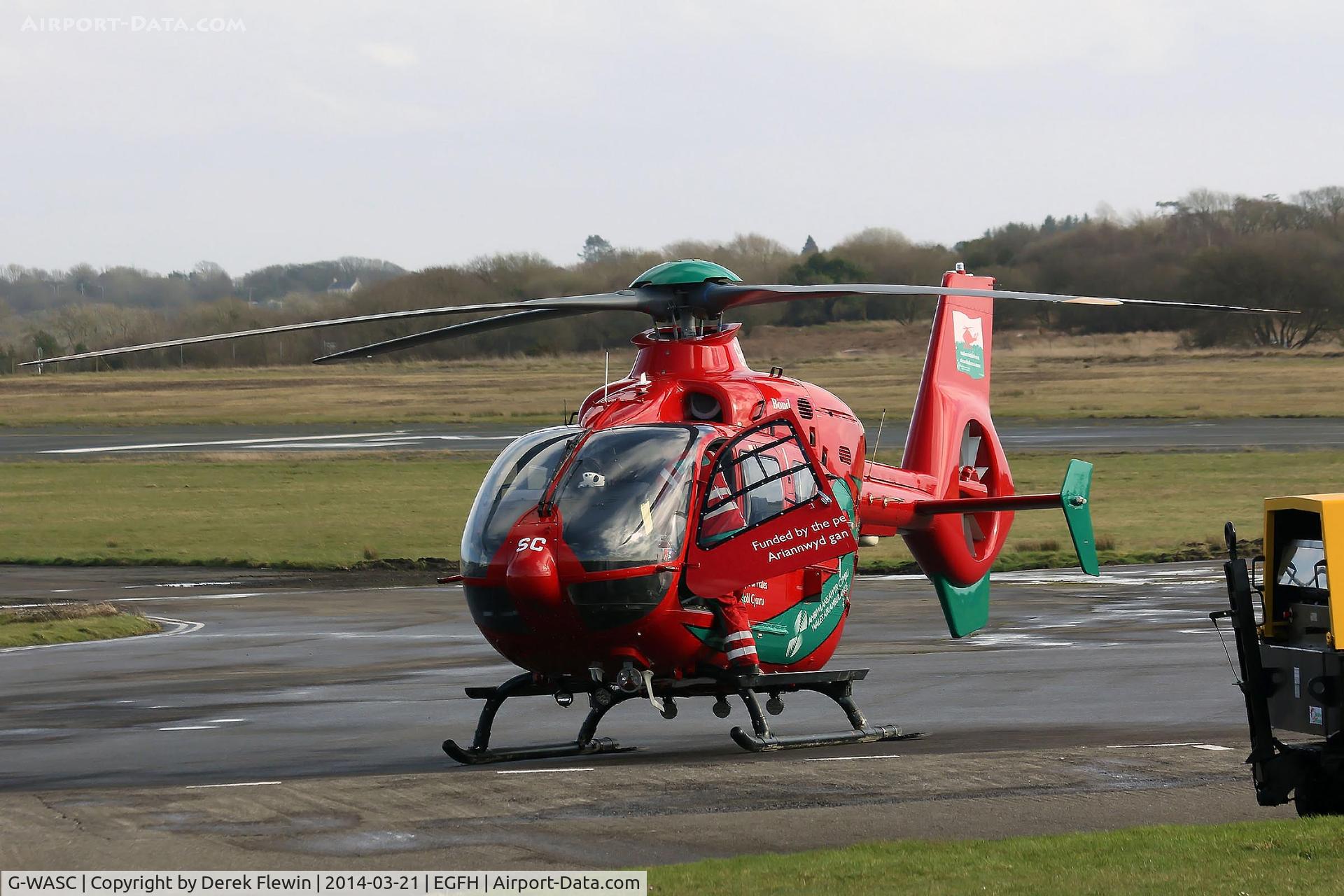 G-WASC, 2012 Eurocopter EC-135T-2+ C/N 1074, Visiting Mid-Wales Air Ambulance, Helimed 59, shortly after letting down at EGFH, awaiting fuel.
