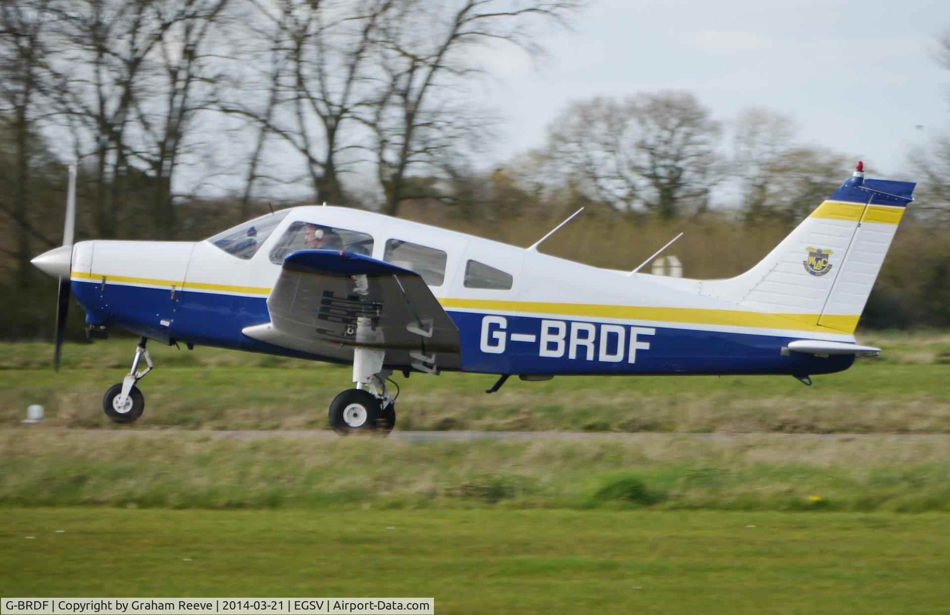 G-BRDF, 1977 Piper PA-28-161 Cherokee Warrior II C/N 28-7716085, Departing from Old Buckenham.