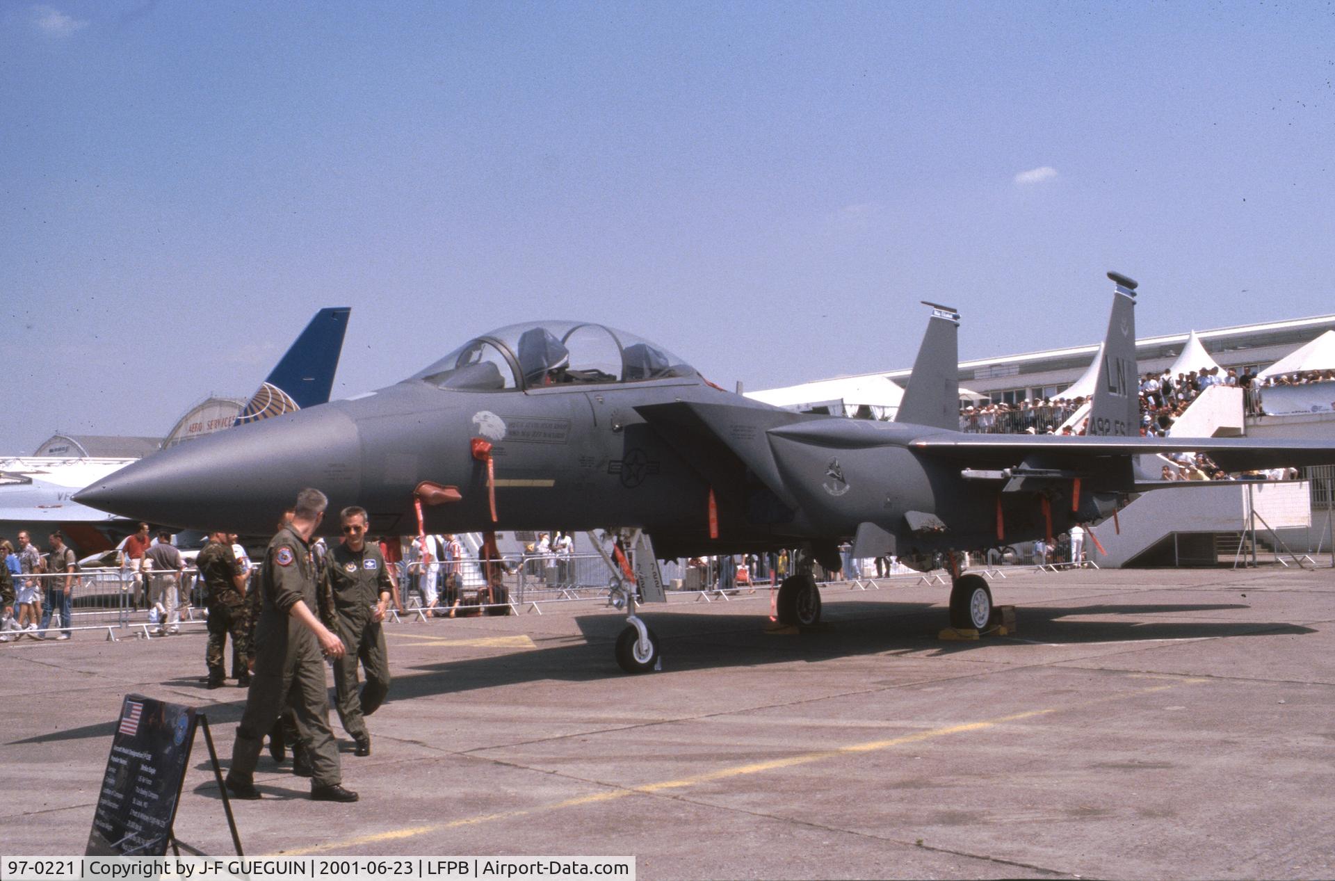 97-0221, 1997 McDonnell Douglas F-15E Strike Eagle C/N 1359/E220, On display at 2001 Paris-Le Bourget airshow.