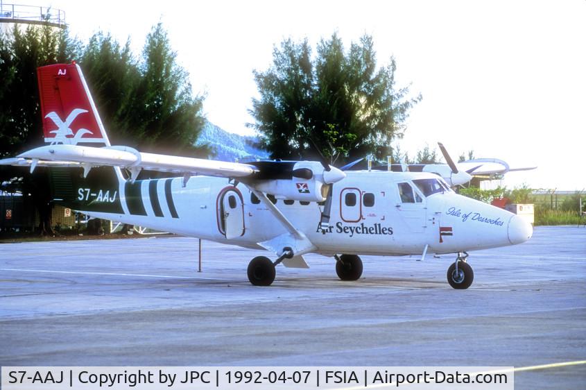 S7-AAJ, De Havilland Canada DHC-6-310 Twin Otter C/N 499, The Flight Crew, Captain and Pilot pick you up from the waiting room. We walk to the waiting, newest Twin Otter in the fleet, first flight of the day out of the sleeping airport. 
No wind, no turbulence at all, quite low to avoid