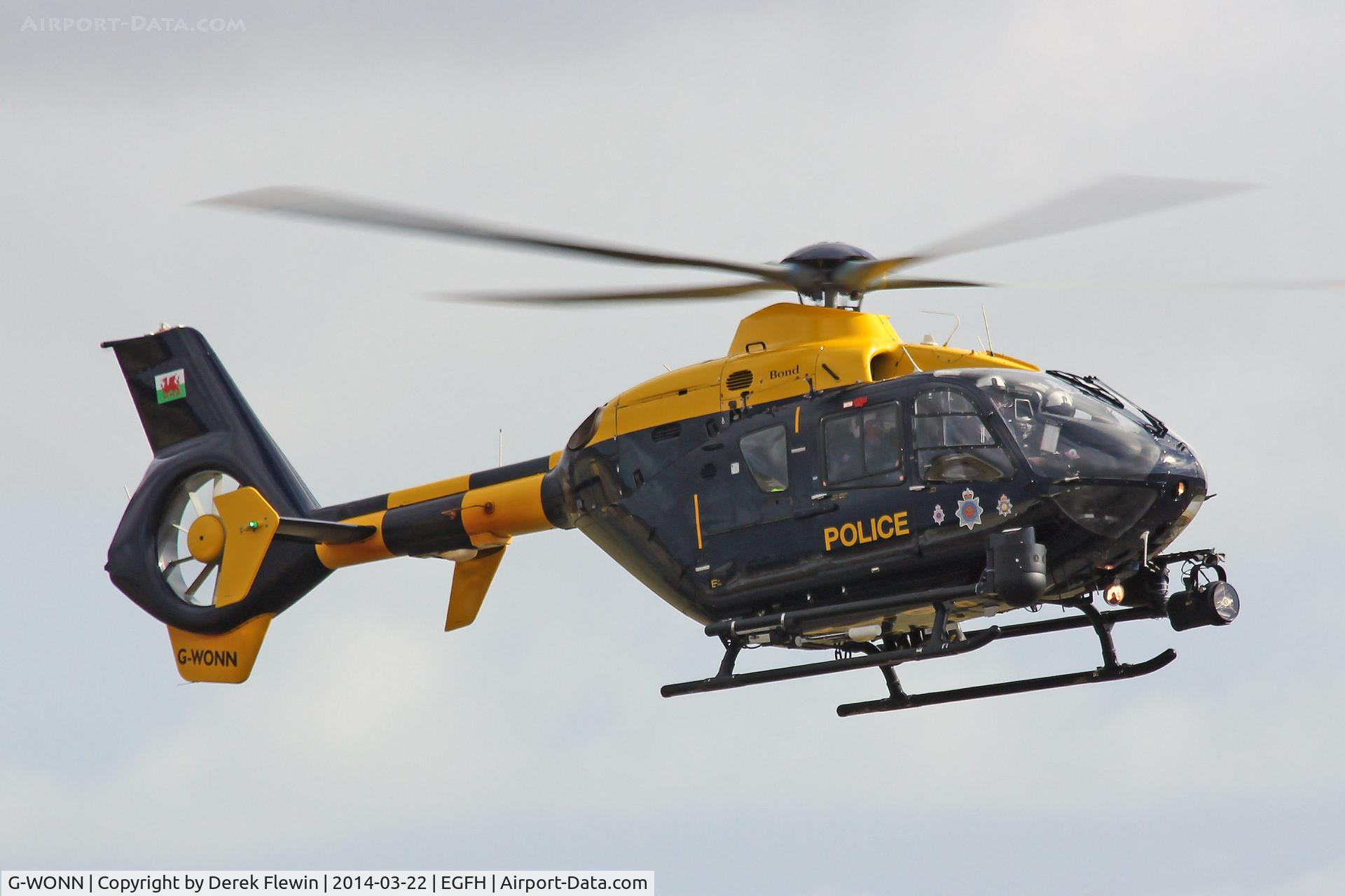 G-WONN, 2007 Eurocopter EC-135T-2+ C/N 0597, South and East Wales Police Air Support helicopter, Police 32, seen lifting at EGFH.