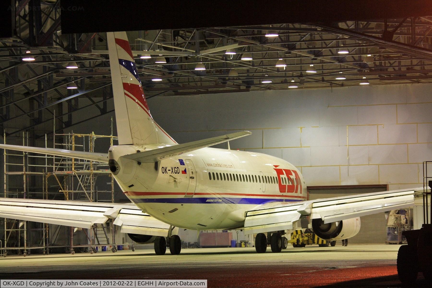 OK-XGD, 1992 Boeing 737-55D C/N 26542/2337, Night arrival into paintshop