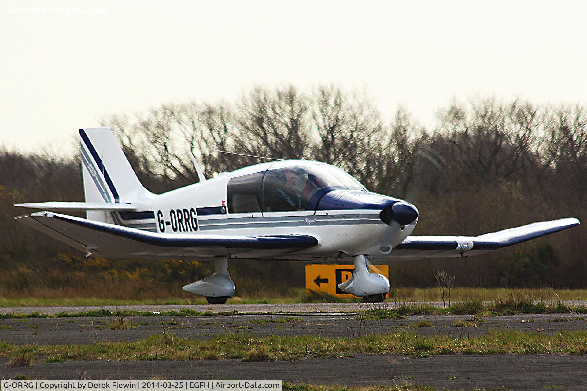 G-ORRG, 1977 Robin DR-400-180 Regent Regent C/N 1216, Visiting Regent seen at the hold prior to taking off from runway 04 at EGFH.