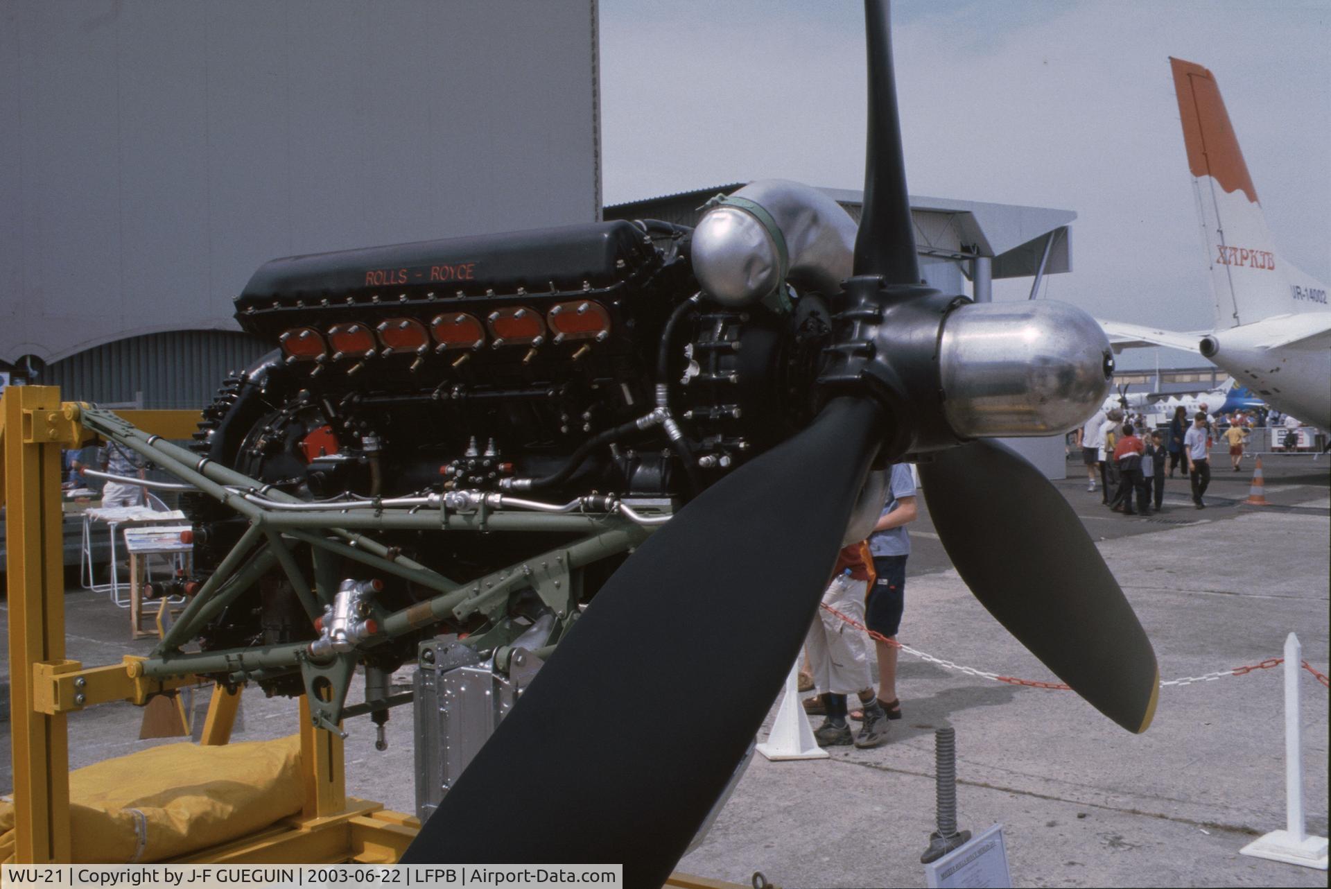 WU-21, Avro 683 Lancaster B7 C/N NX664, WU-21's Rolls-Royce Merlin 24T engine, on display at 2003 Paris-Le Bourget airshow (brought out of Musée de l'Air et de l'Espace).