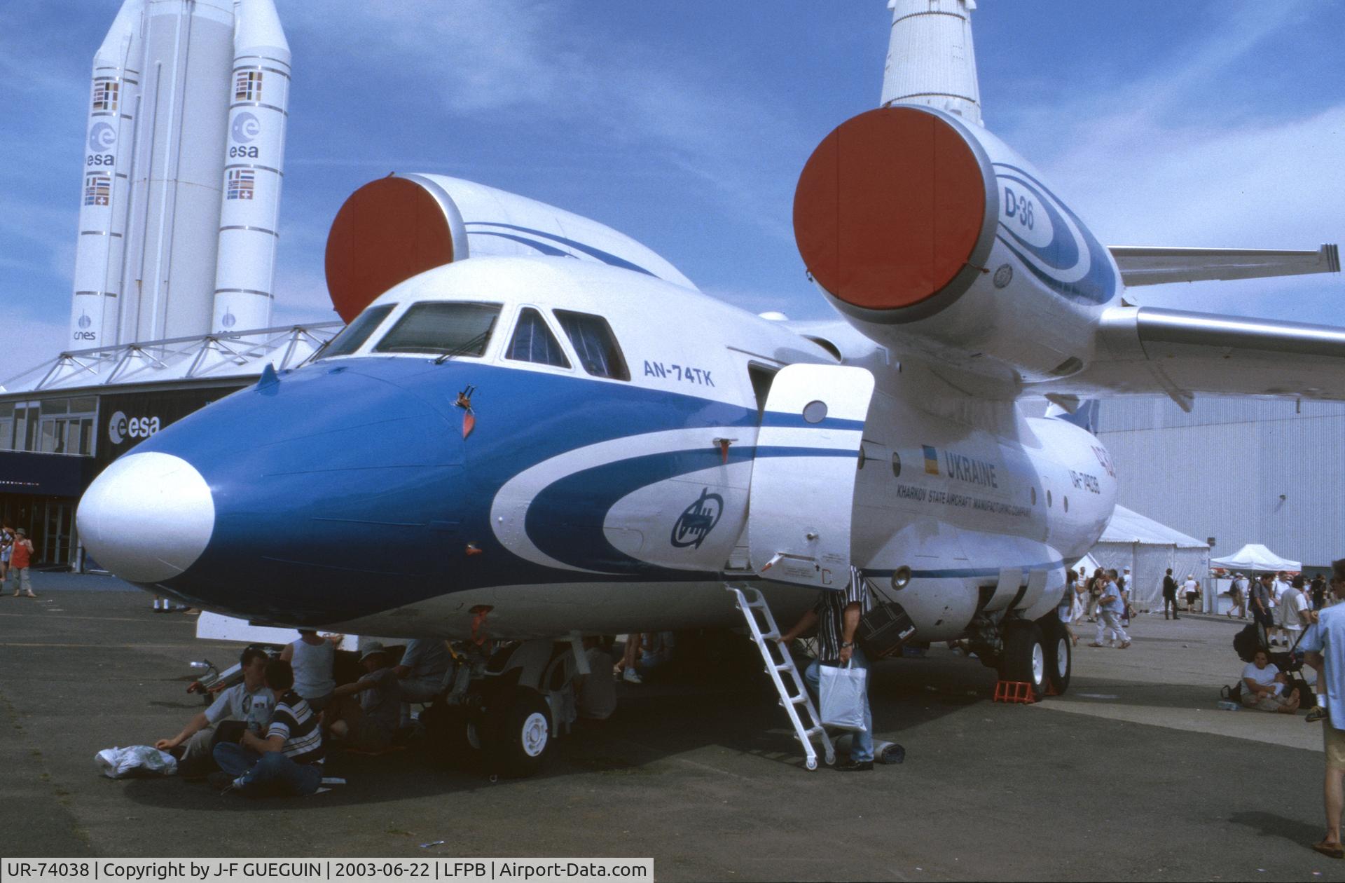 UR-74038, 1998 Antonov An-74TK-200 C/N 36547097933, On display at 2003 Paris-Le Bourget airshow.