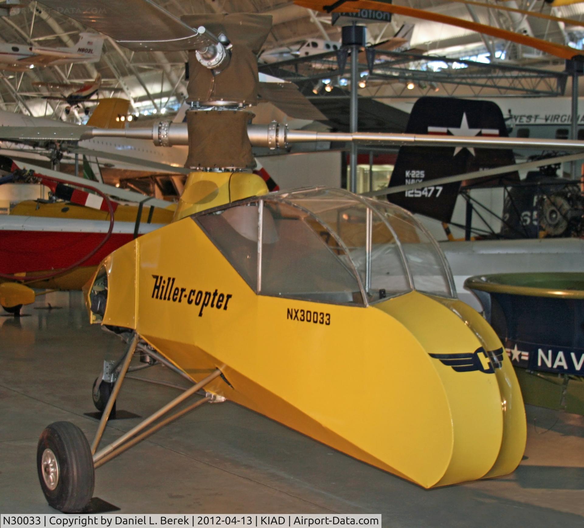 N30033, 1944 Hiller XH-44 Hiller-Copter, Stanley Hiller, Jr., in 1944 designed and built this, the first coaxial rotor craft in the United States.