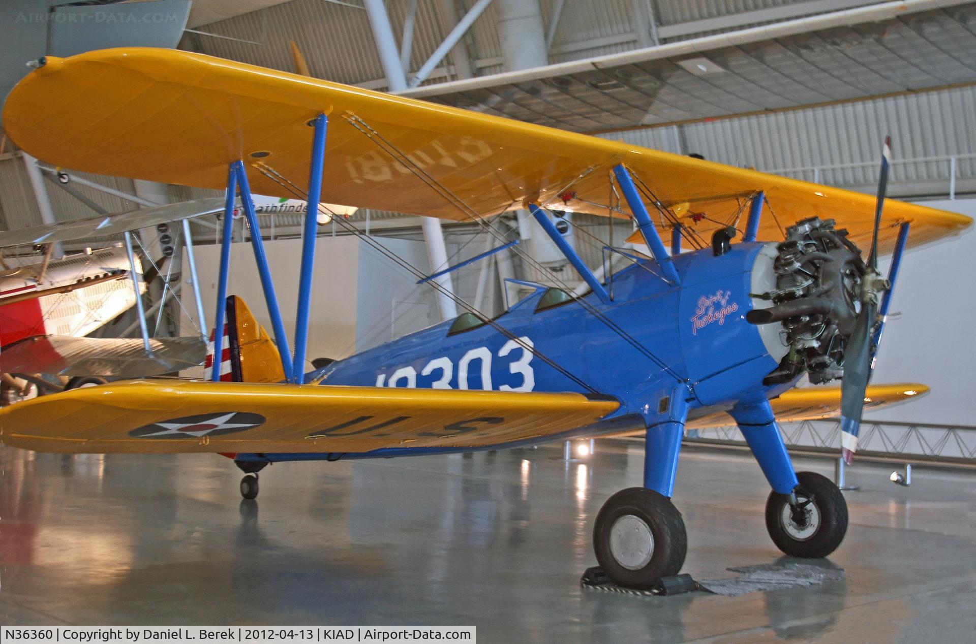 N36360, 1942 Boeing PT-13D Kaydet (E75) C/N 75-5887, This aircraft actually served with the Tuskegee airmen in World War II.  She is seen at her temporary home at the NASM, awaiting her permanent residence with the National Museum of African American History and Culture.