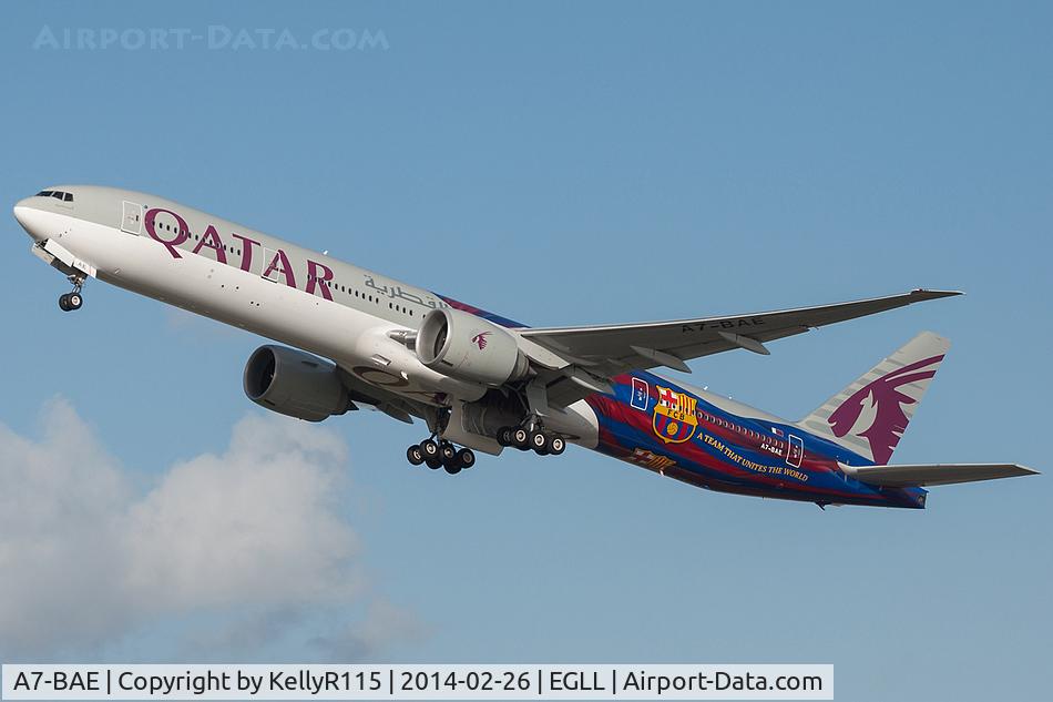 A7-BAE, 2009 Boeing 777-3DZ/ER C/N 36104, London Heathrow - Qatar (Sporting Barcelona F.C. livery.)