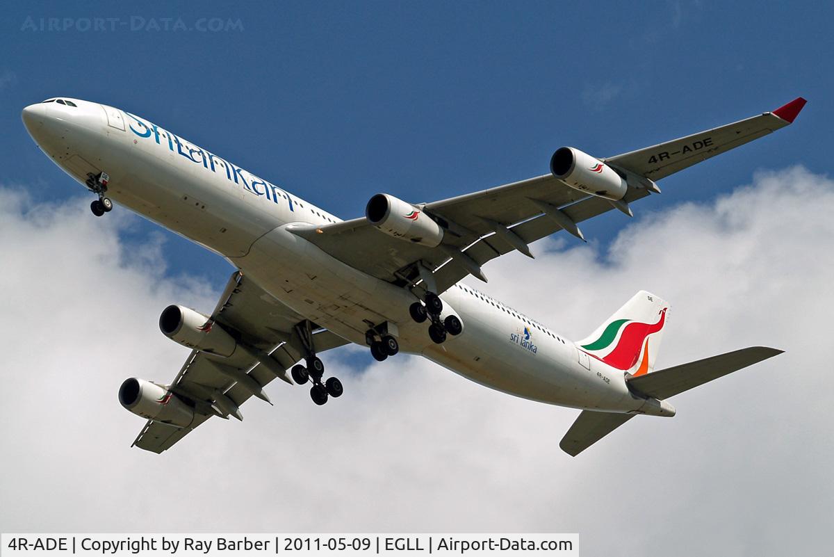 4R-ADE, 2000 Airbus A340-313 C/N 367, Airbus A340-313X [367] (Srilanka) Heathrow~G 09/05/2011 . Now with Srilankan titles on the fuselage. On approach 27R.