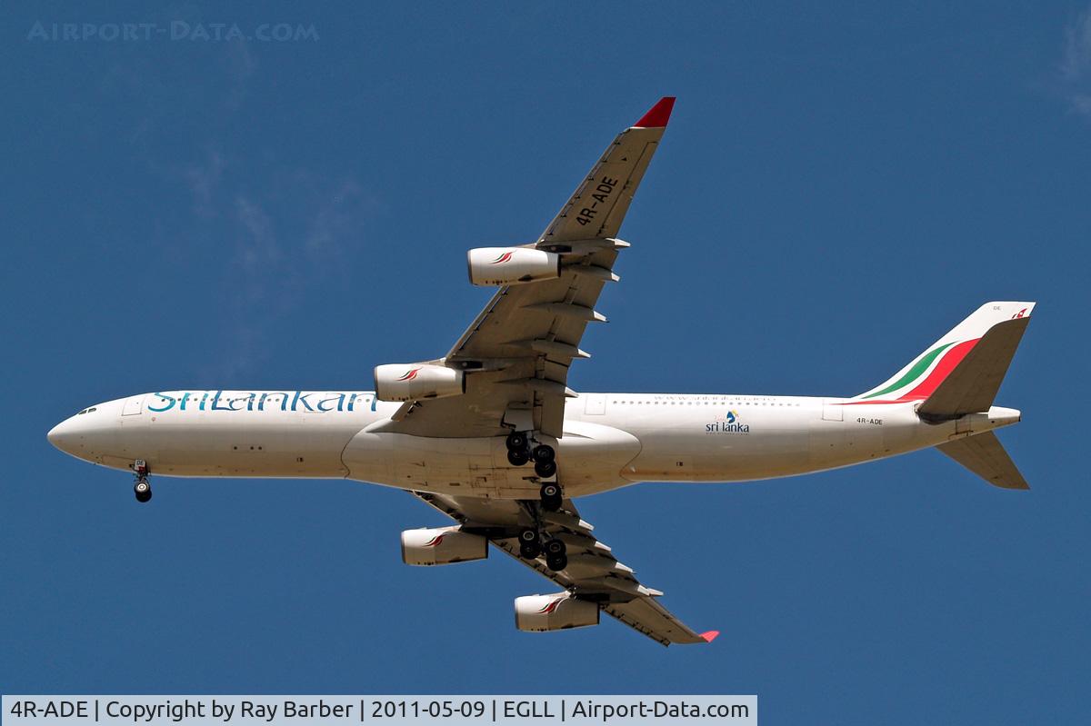 4R-ADE, 2000 Airbus A340-313 C/N 367, Airbus A340-313X [367] (Srilanka) Heathrow~G 09/05/2011 . Now with Srilankan titles on the fuselage. On approach 27R.