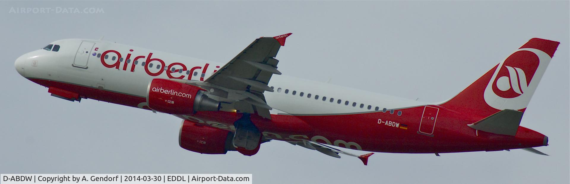 D-ABDW, 2009 Airbus A320-214 C/N 3945, Air Berlin, is here taking off at Düsseldorf Int'l(EDDL)