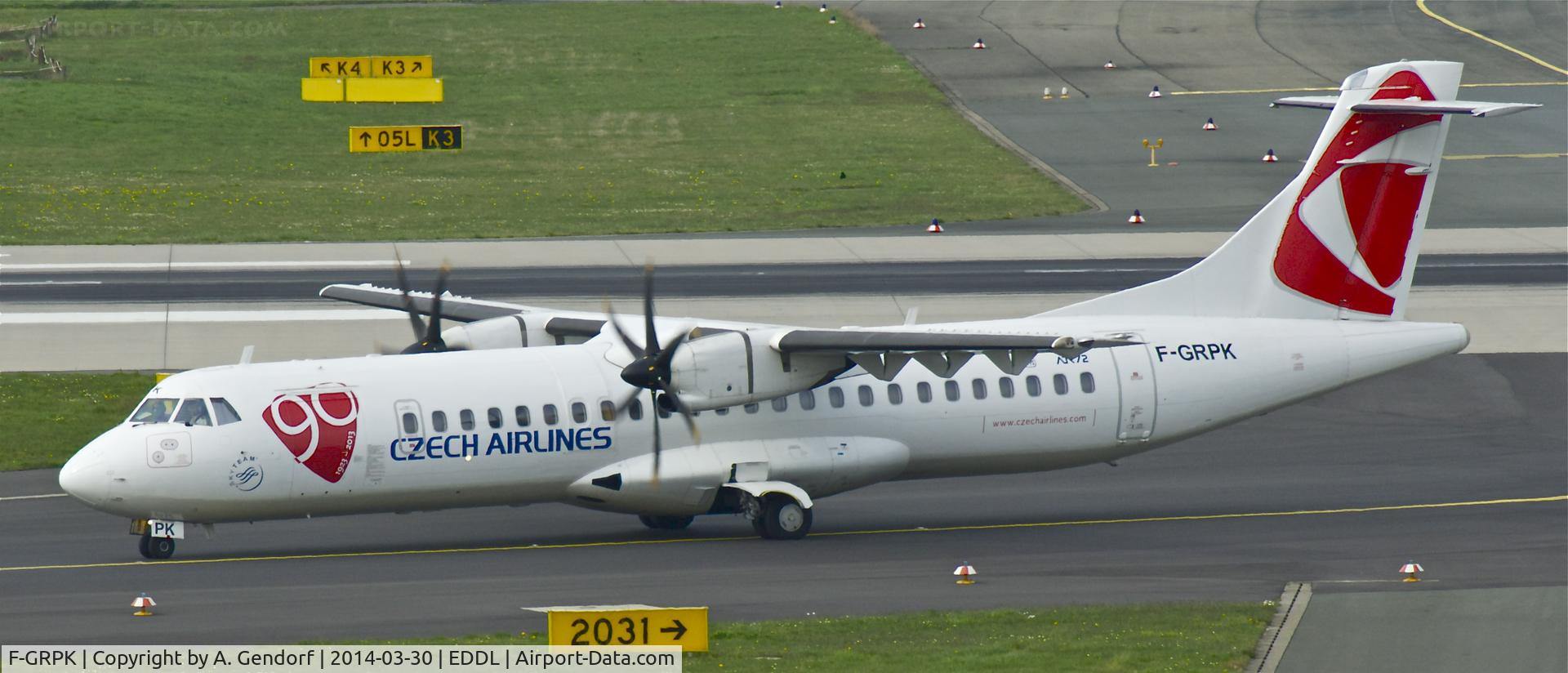 F-GRPK, 2006 ATR 72-212A C/N 727, CSA (90th anniversary cs.), is here shortly after landing at Düsseldorf Int'l(EDDL)