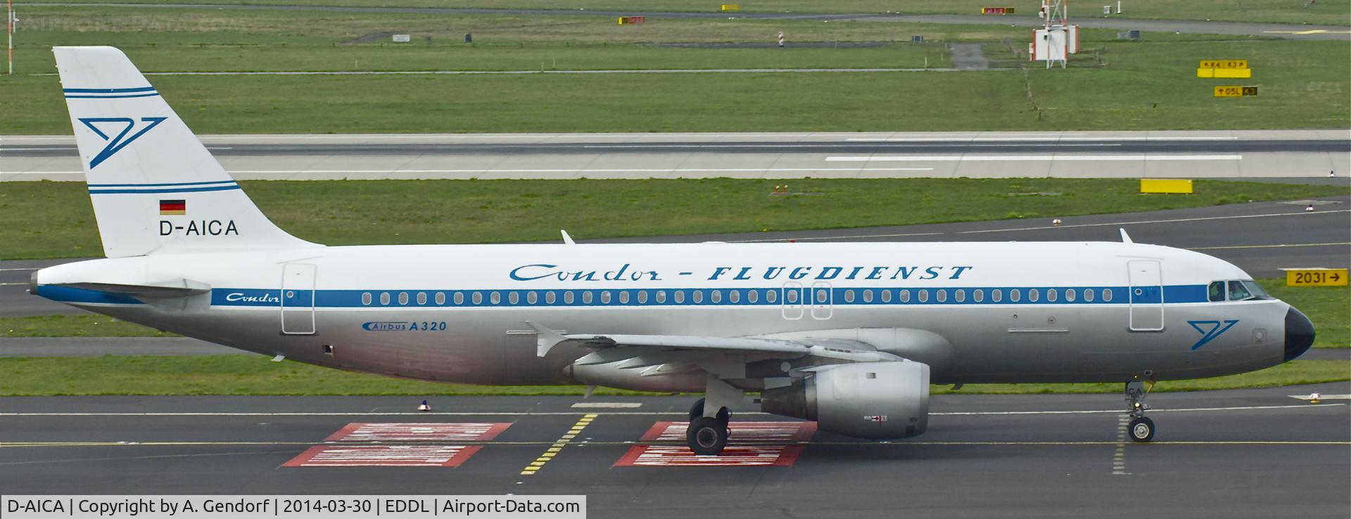 D-AICA, 1998 Airbus A320-212 C/N 774, Condor (Retro cs.), is taxiing here to the RWY 23L to depart from Düsseldorf Int'l(EDDL)