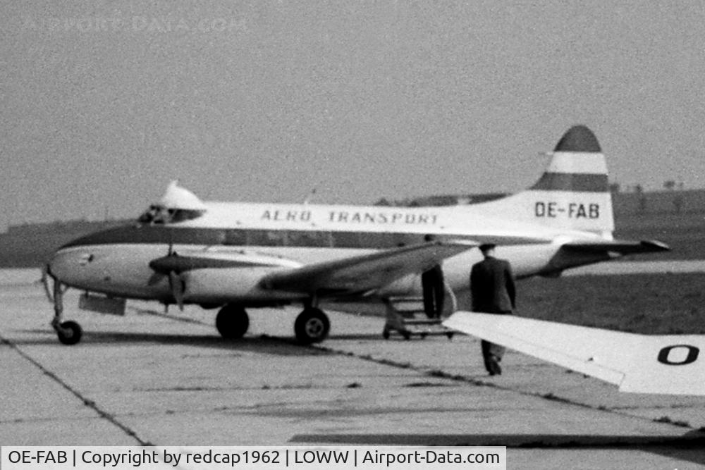 OE-FAB, 1946 De Havilland DH-104 Dove 1 C/N 4019, Taken by my late father most probably 1960. Scan from B/W negative, sadly a bit out of focus. Airframe was registered first as G-AICY in 1946, later (not exactly known) OE-FAB, then again G-AICY. WFU 1965, b/u in LTN in the early 70's. Aero Transport was