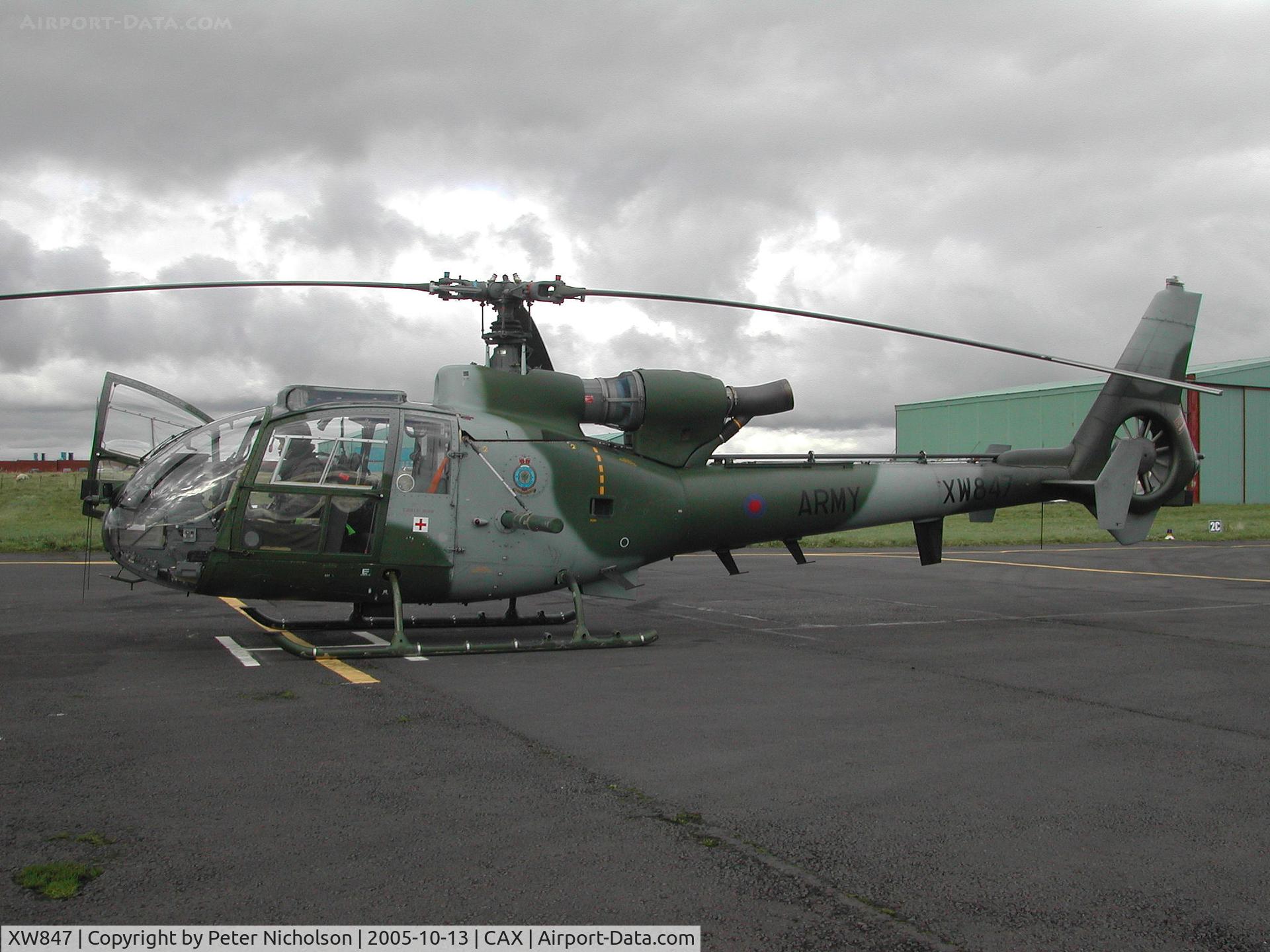 XW847, 1972 Westland SA-341B Gazelle AH1 C/N WA1011, Gazelle AH.1, callsign Army Air 577, of 665 Squadron o a visit to Carlisle in October 2005.