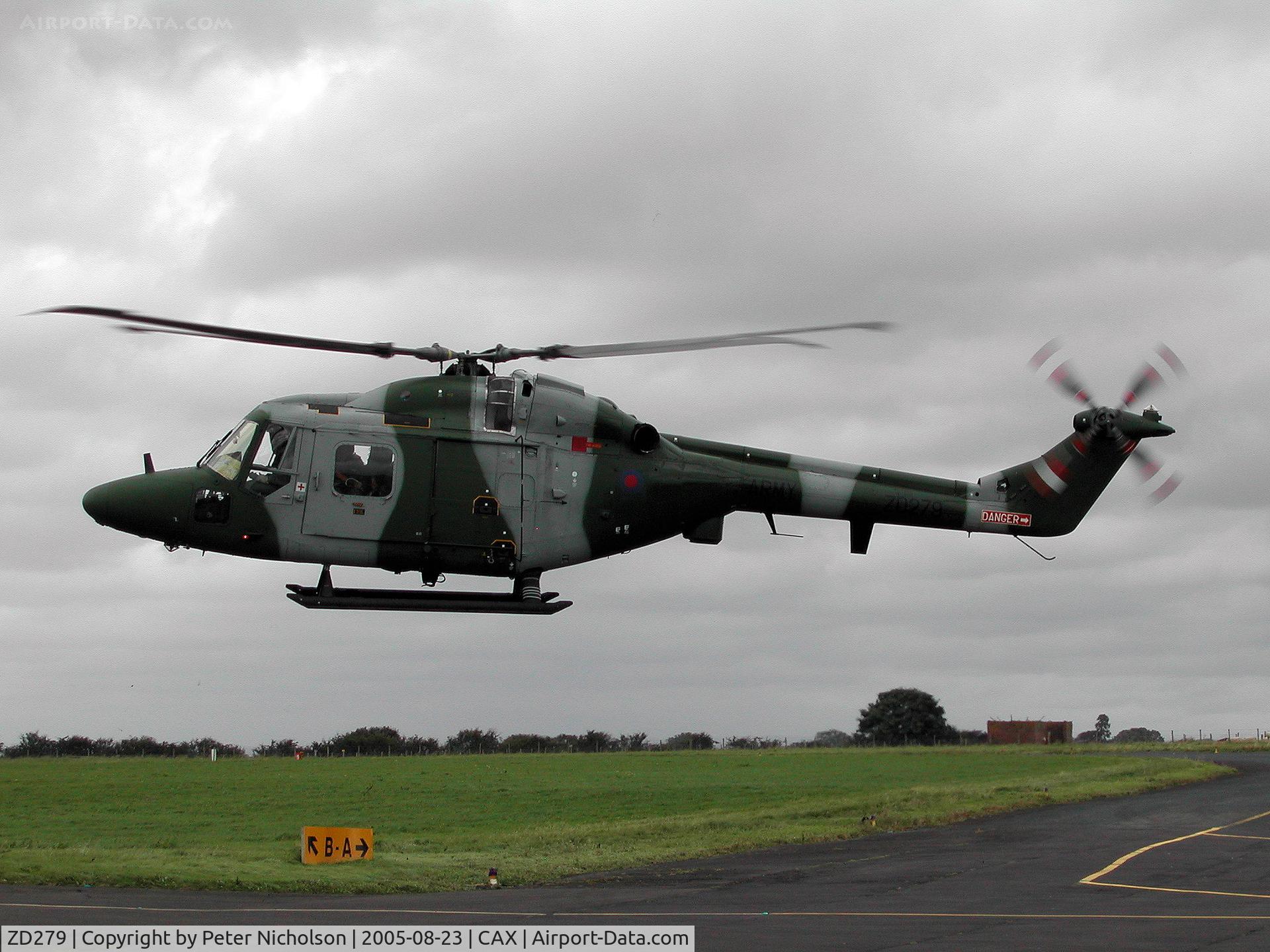 ZD279, 1983 Westland Lynx AH.7 C/N 298, Lynx AH.7, callsign Army Air 916, of 672 Squadron on a visit to Carlisle in the Summer of 2005.