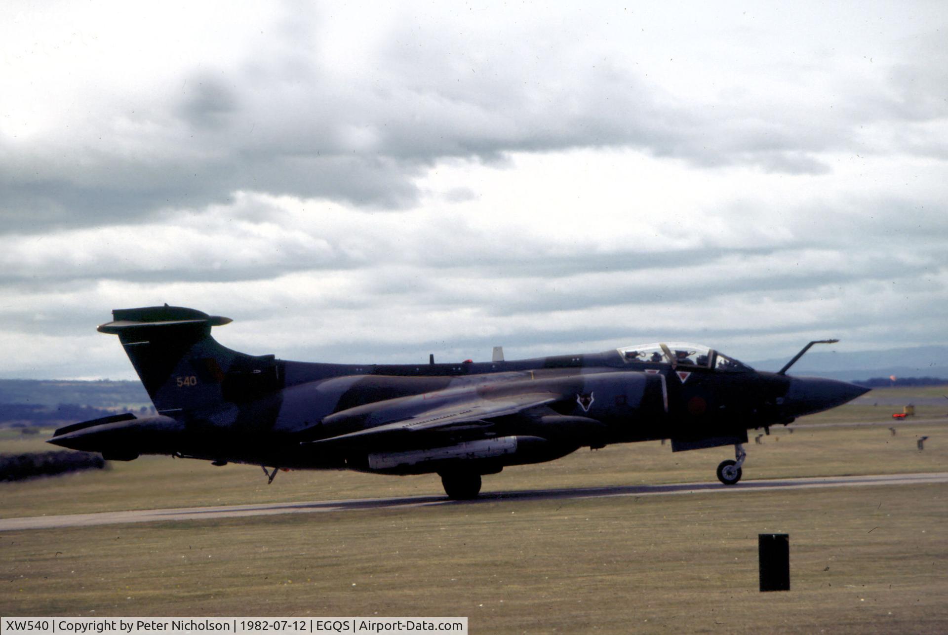 XW540, 1971 Hawker Siddeley Buccaneer S.2B C/N B3-01-71, Buccaneer S.2B of 12 Squadron awaiting clearance to join the active runway at RAF Lossiemouth in the Summer of 1982.