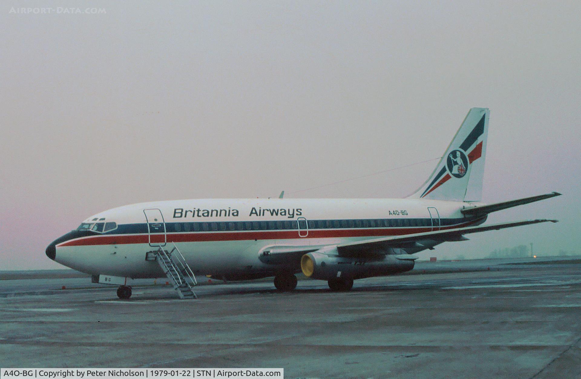 A4O-BG, 1977 Boeing 737-2P6 C/N 21359, Boeing 737-2P6 of Britannia Airways as seen at Stansted in January 1979.