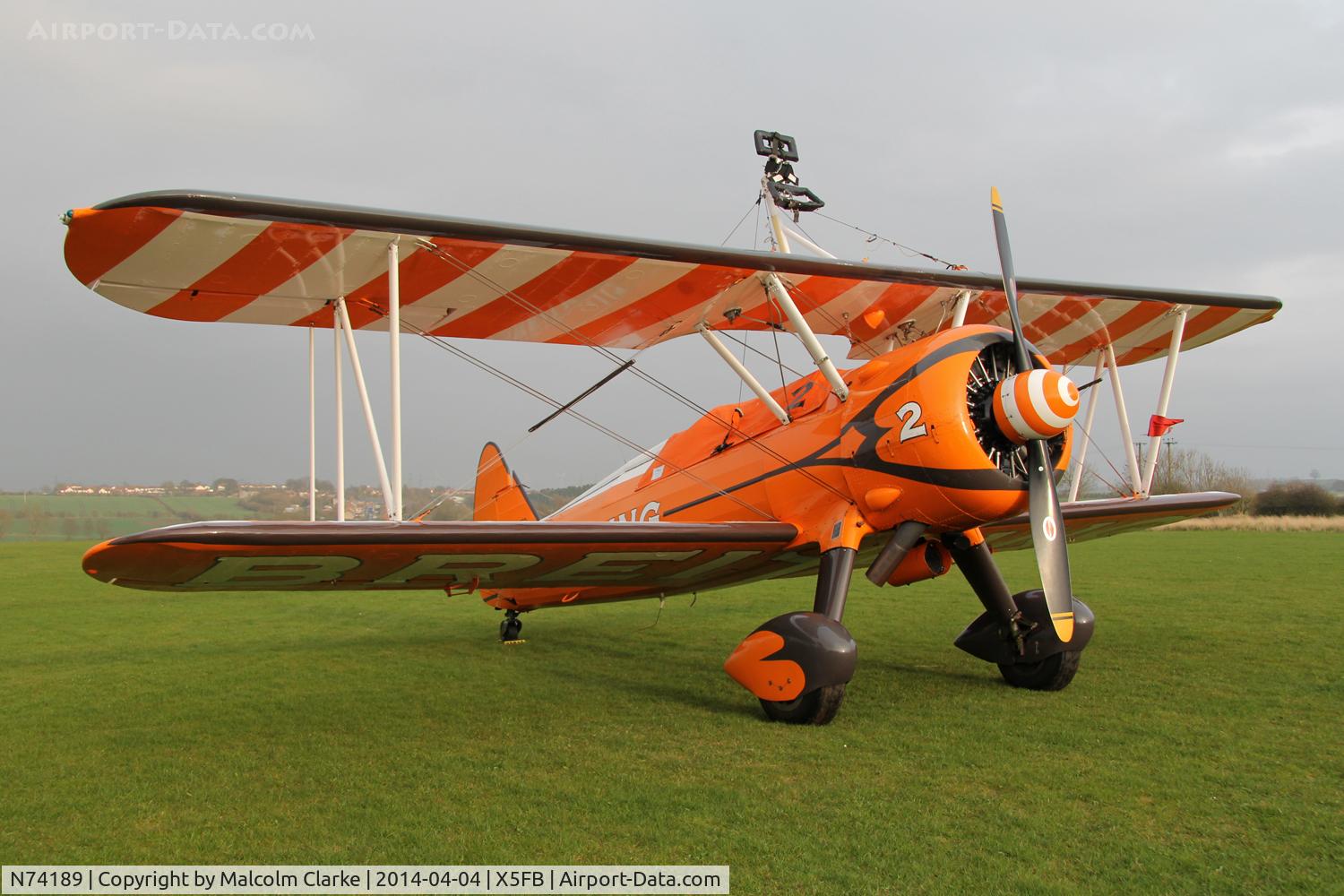 N74189, 1941 Boeing PT-17/R985 Kaydet (A75N1) C/N 75-717, The Breitling Teams Boeing PT-17 overnighting at Fishburn prior to their first UK performance in 2014 at Littlehavens Promenade & Seawall opening celebrations, South Shields. April 5th 2014.