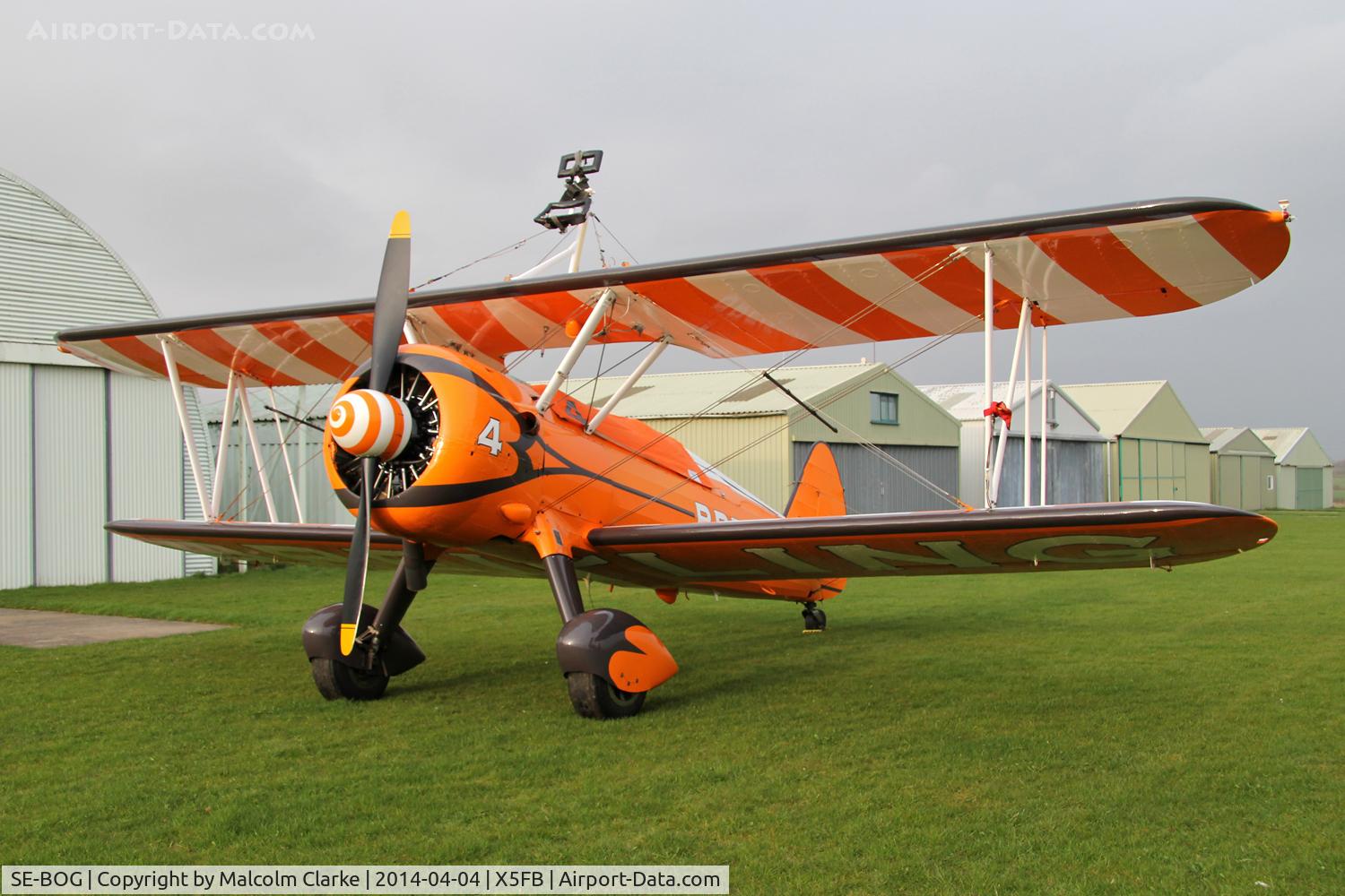 SE-BOG, 1942 Boeing N2S-3 Kaydet (B75N1) C/N 75-7128, The Breitling Teams Boeing B.75N-1 Stearman overnighting at Fishburn prior to their first UK performance in 2014 at Littlehavens Promenade & Seawall opening celebrations, South Shields. April 5th 2014.
