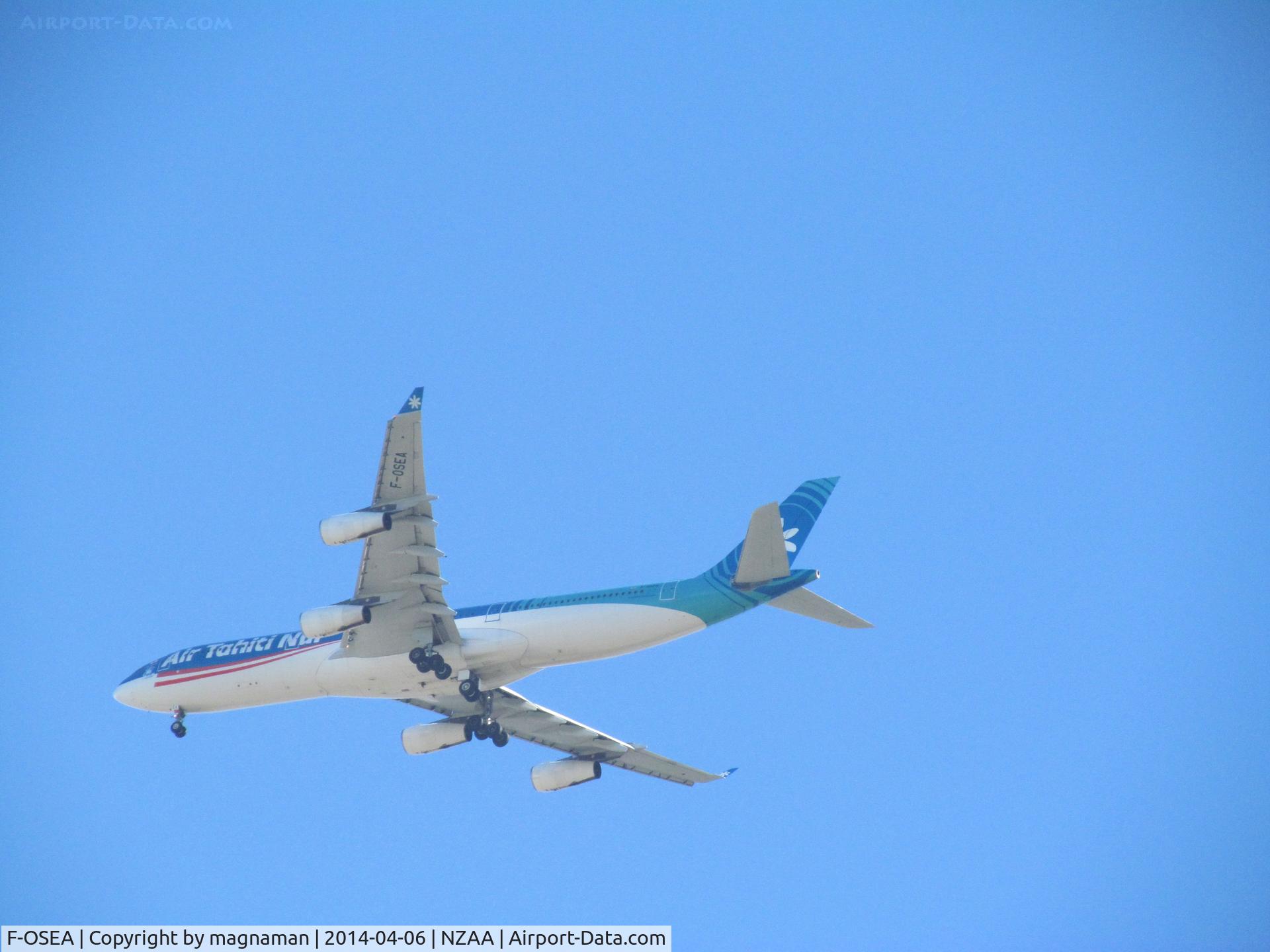 F-OSEA, 2001 Airbus A340-313 C/N 438, Overhead flat bush on way into AKL
