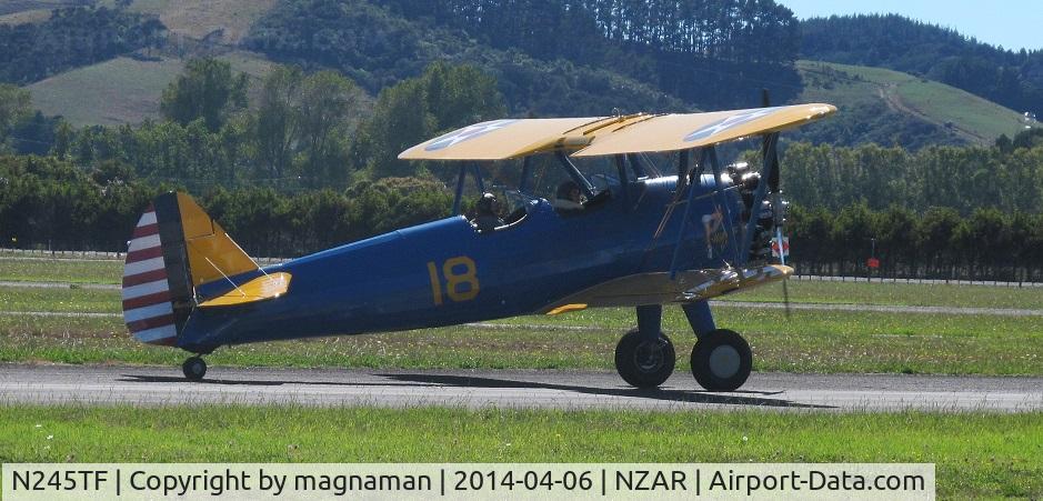 N245TF, 1942 Boeing PT-17 Kaydet (A75N1) C/N 75-4245, Now registered as ZK-PJS but still wearing its former ID under rear tail.