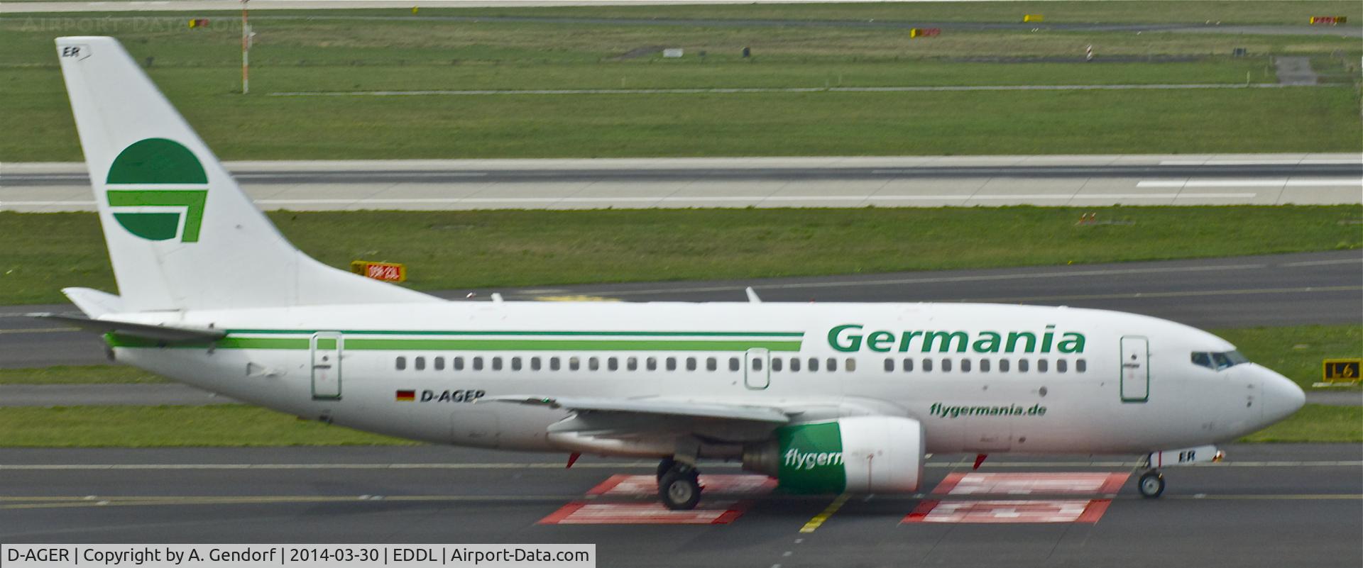D-AGER, 1998 Boeing 737-75B C/N 28107, Germania, is here on the way to RWY 23L at Düsseldorf Int'l(EDDL)