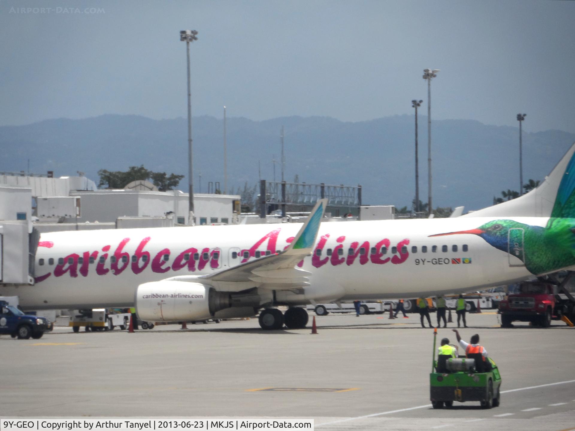 9Y-GEO, 1999 Boeing 737-8Q8 C/N 28225, @ gate @ MBJ