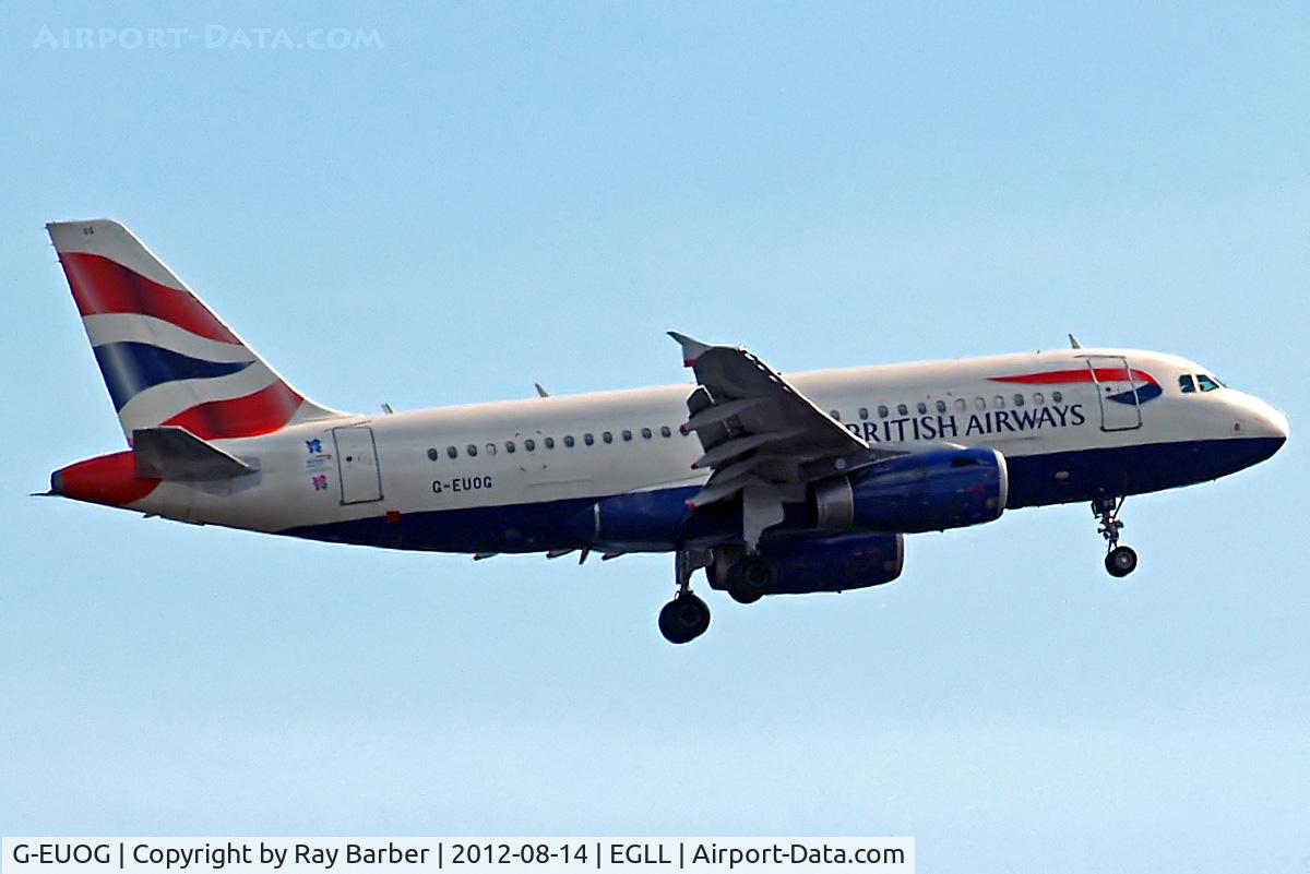 G-EUOG, 2001 Airbus A319-131 C/N 1594, Airbus A319-131 [1594] (British Airways) Home~G 14/08/2012. On approach 27L with revised scheme on the rear fuselage.