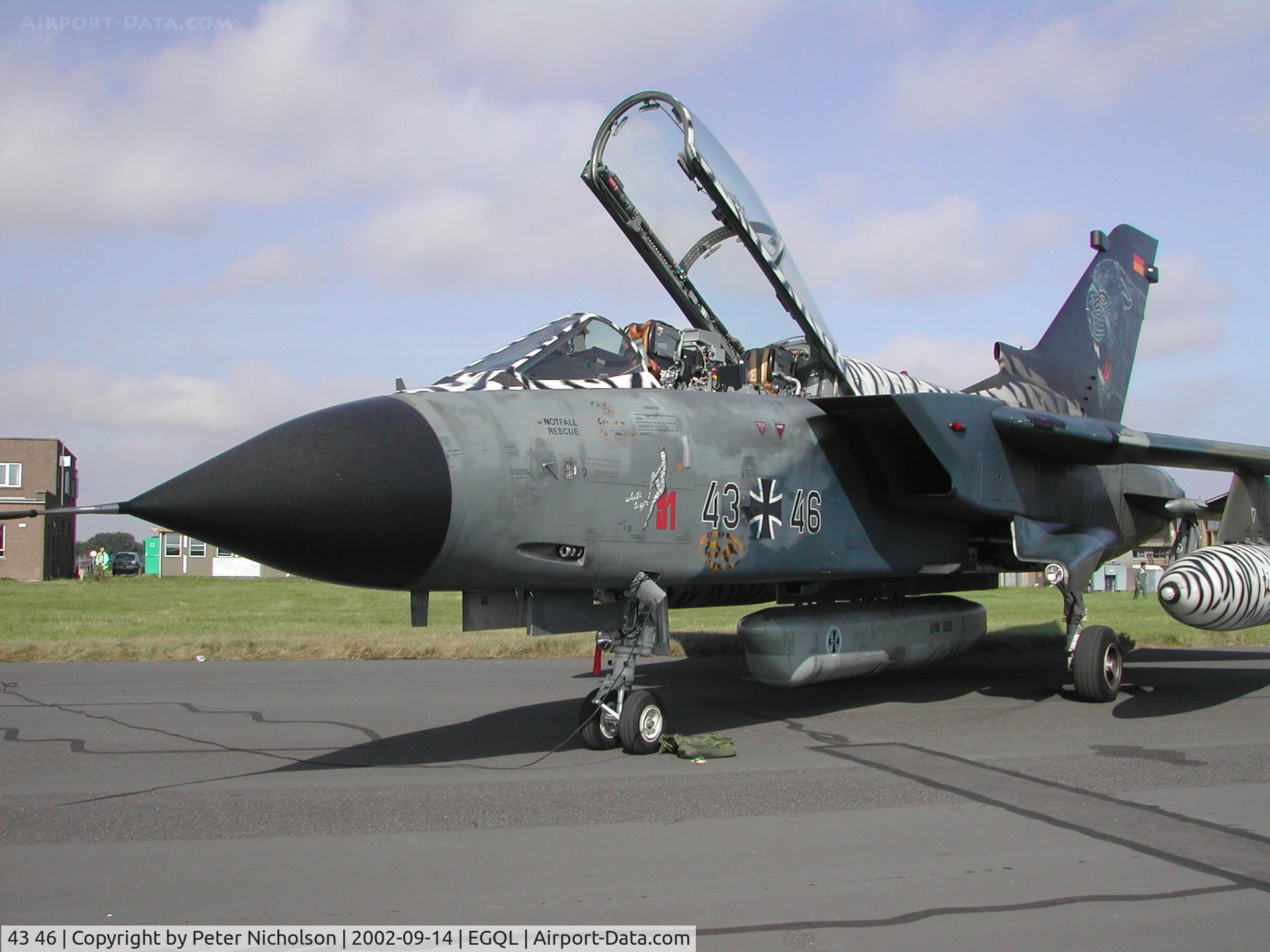 43 46, Panavia Tornado IDS C/N 128/GS020/4046, Tornado IDS, callsign Sierra Whisky 45, of German Air Force's AKG-51 on display at the 2002 RAF Leuchars Airshow.