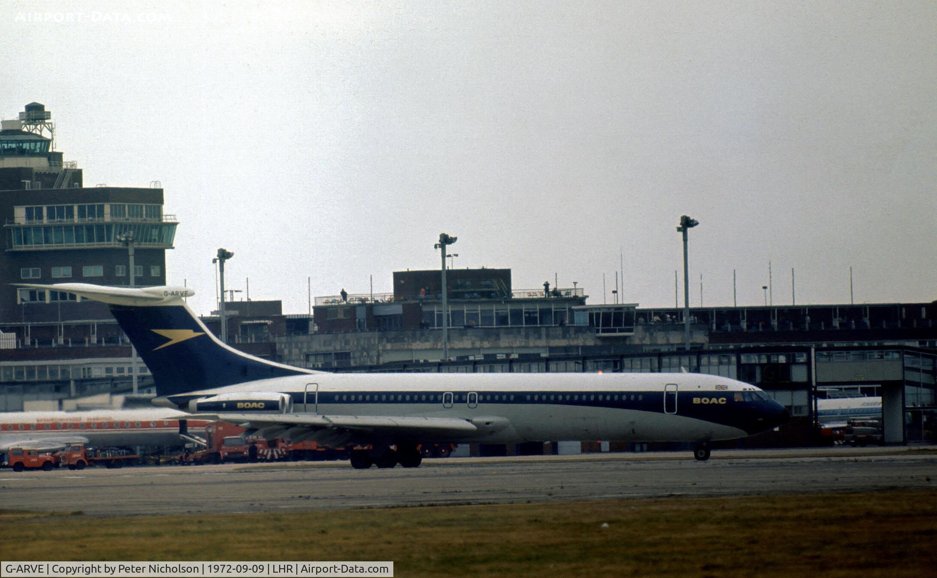 G-ARVE, 1963 Vickers VC10 Srs 1101 C/N 807, Vickers VC-10 of British Overseas Airways Corporation as seen at Heathrow in the Summer of 1972.