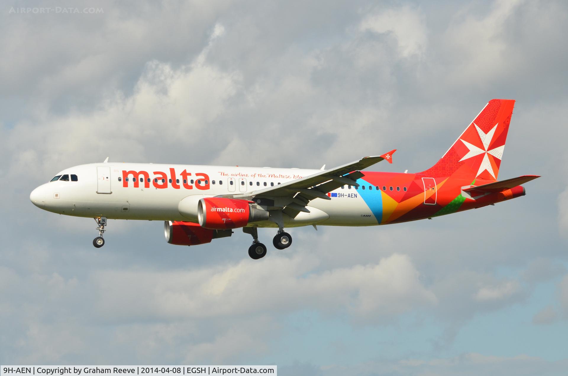9H-AEN, 2005 Airbus A320-214 C/N 2665, about to touch down on runway 